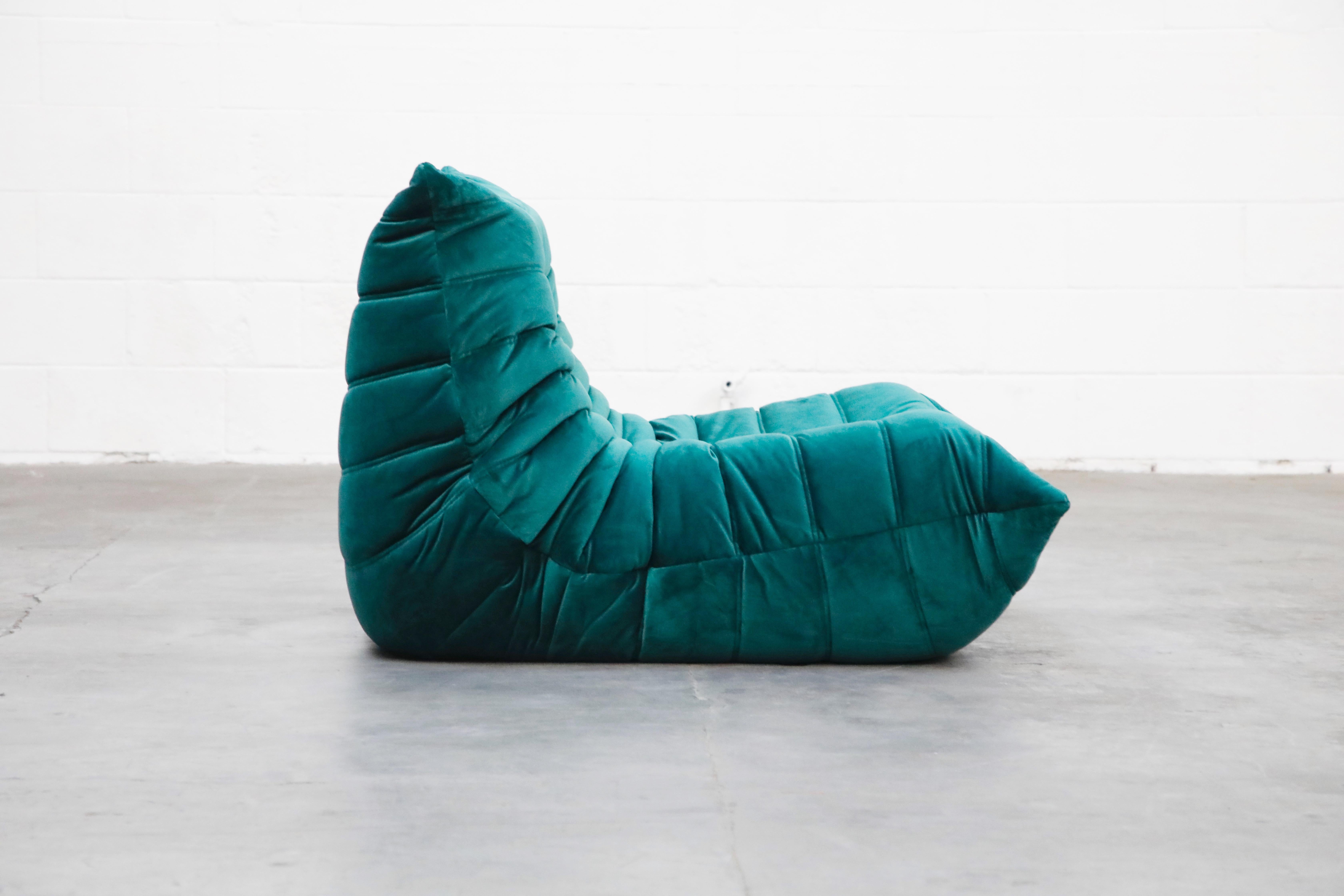 French Togo Lounge Chair and Ottoman by Michel Ducaroy for Ligne Roset in Green Velvet