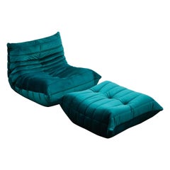 Retro Togo Lounge Chair and Ottoman by Michel Ducaroy for Ligne Roset in Green Velvet