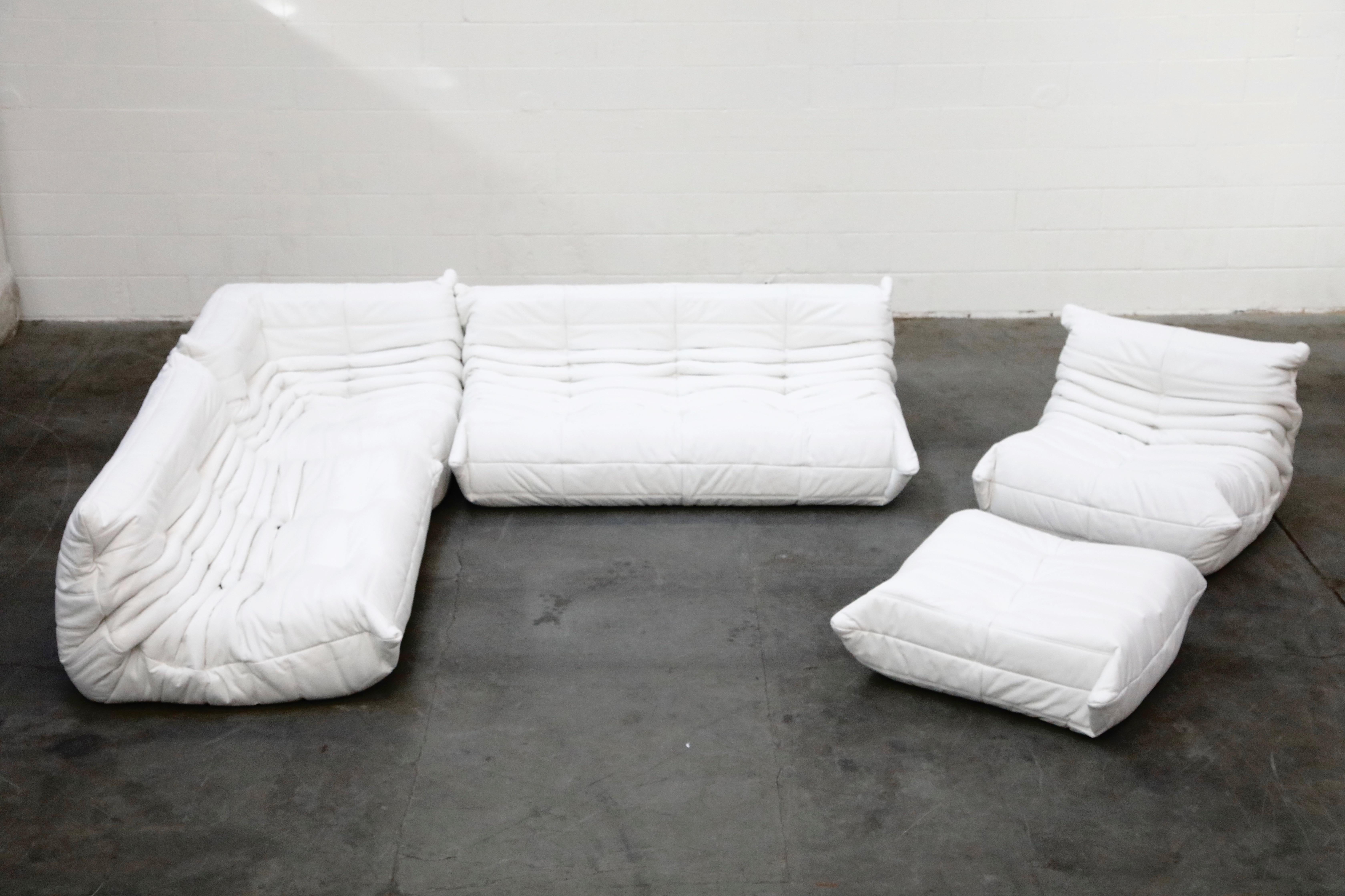 Togo Lounge Chair and Ottoman by Michel Ducaroy for Ligne Roset in White Leather 9