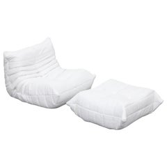 Togo Lounge Chair and Ottoman by Michel Ducaroy for Ligne Roset in White Leather