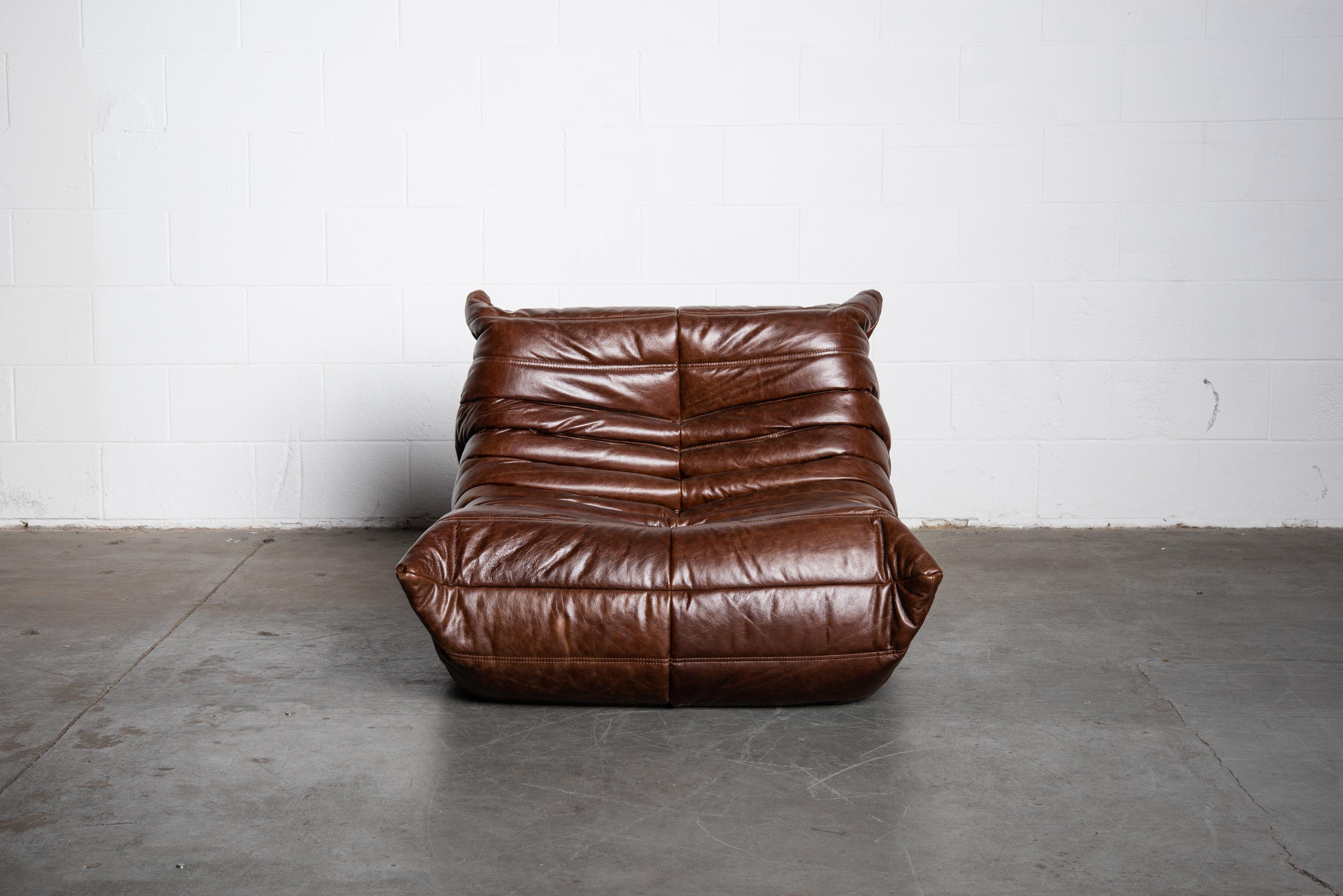 Leather 'Togo' Lounge Chair and Ottoman by Michel Ducaroy for Ligne Roset, Signed