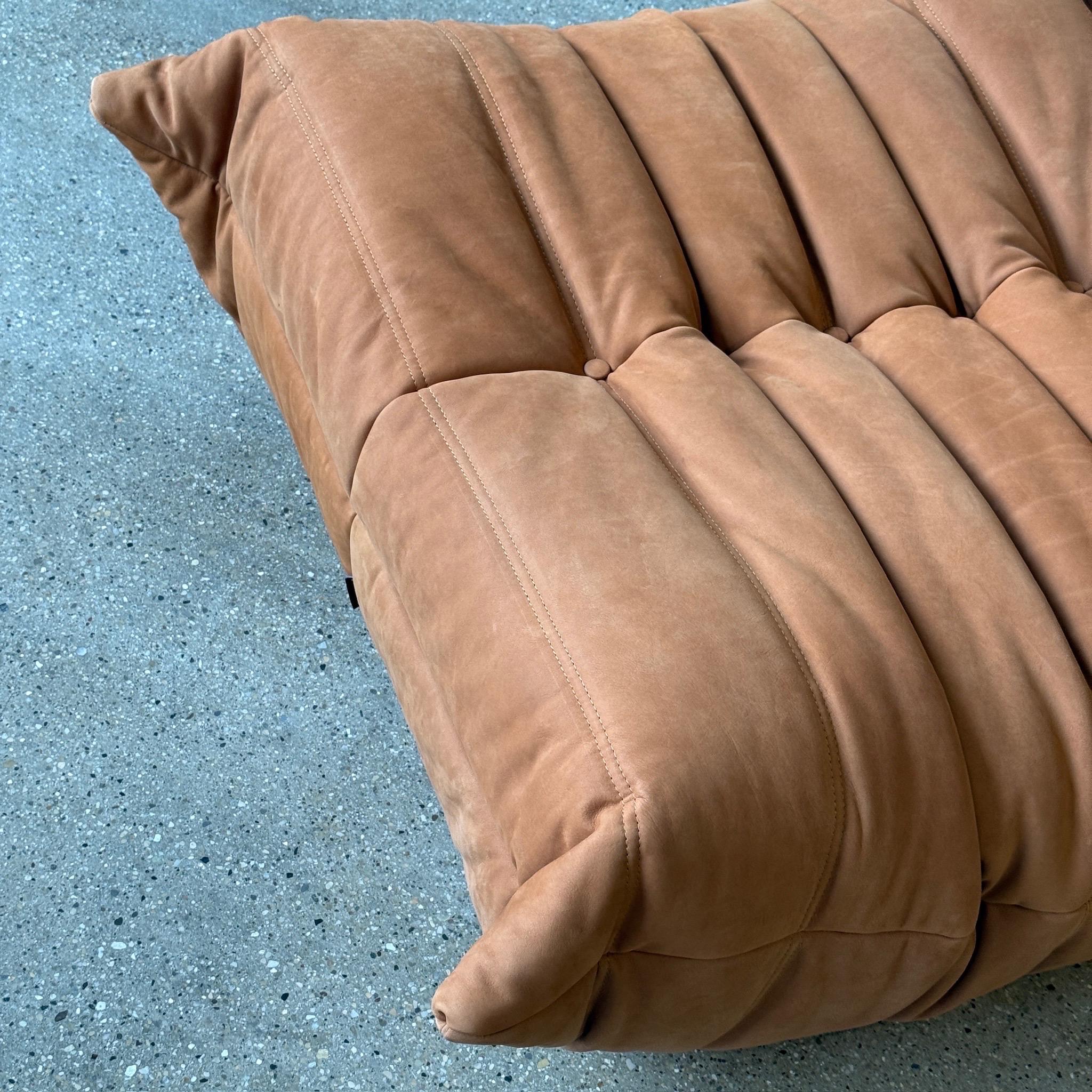 Mid-Century Modern Togo Lounge Chair + Ottoman by Michel Ducaroy for Ligne Roset in Brown Leather For Sale