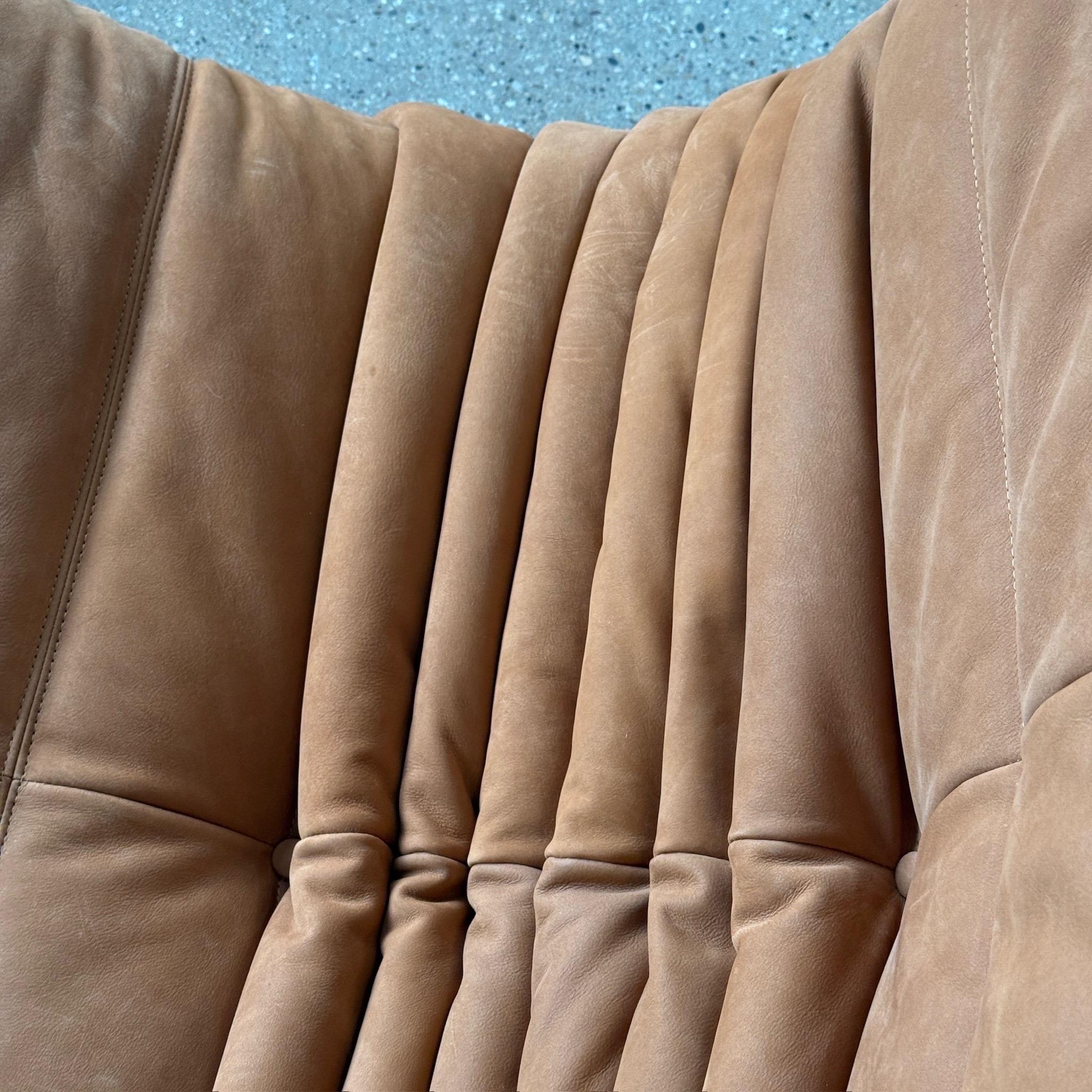 French Togo Lounge Chair + Ottoman by Michel Ducaroy for Ligne Roset in Brown Leather For Sale