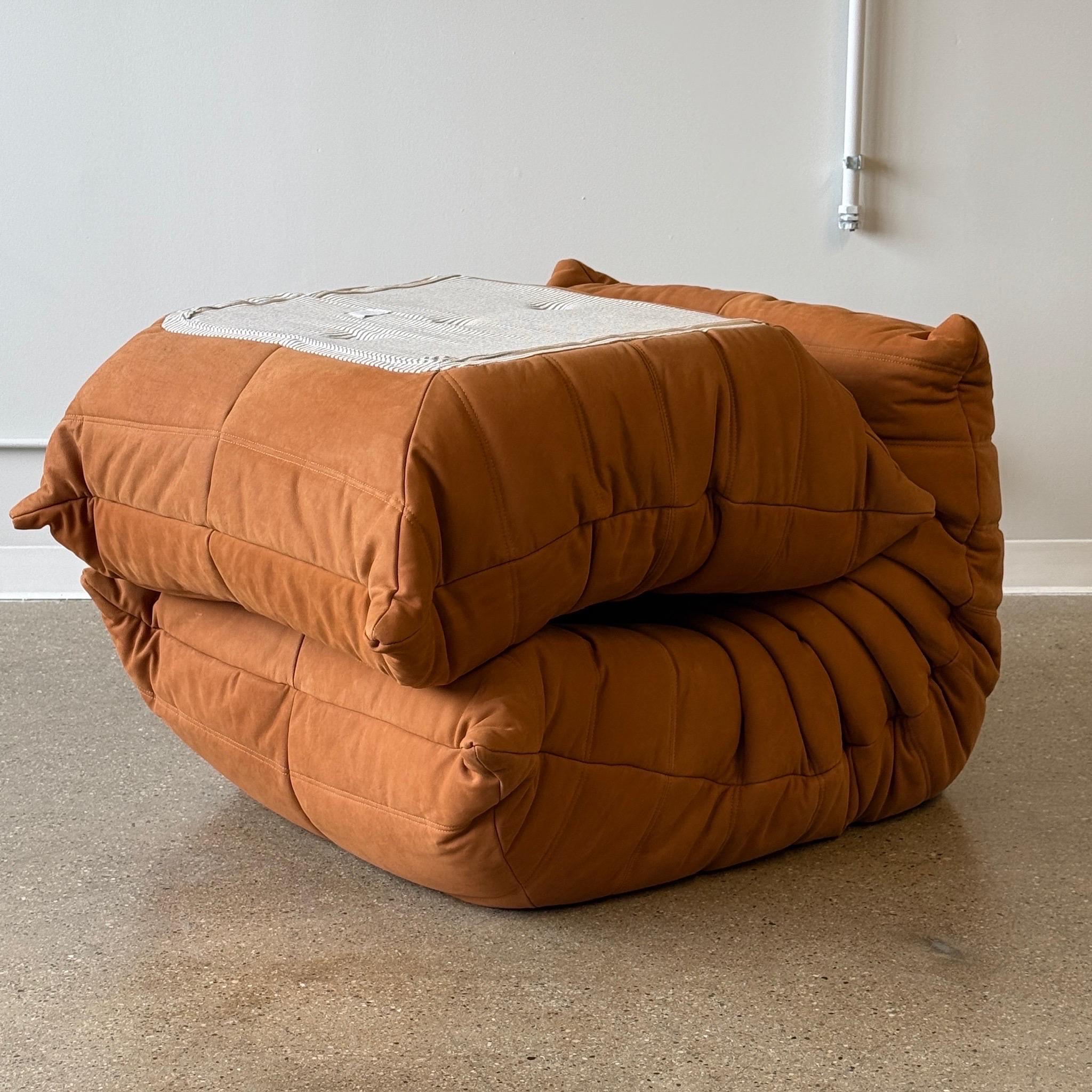 Contemporary Togo Lounge Chair + Ottoman by Michel Ducaroy for Ligne Roset in Brown Leather For Sale