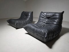 Togo Lounge Chairs in blue/grey leather by Michel Ducaroy for Ligne Roset, 1980s