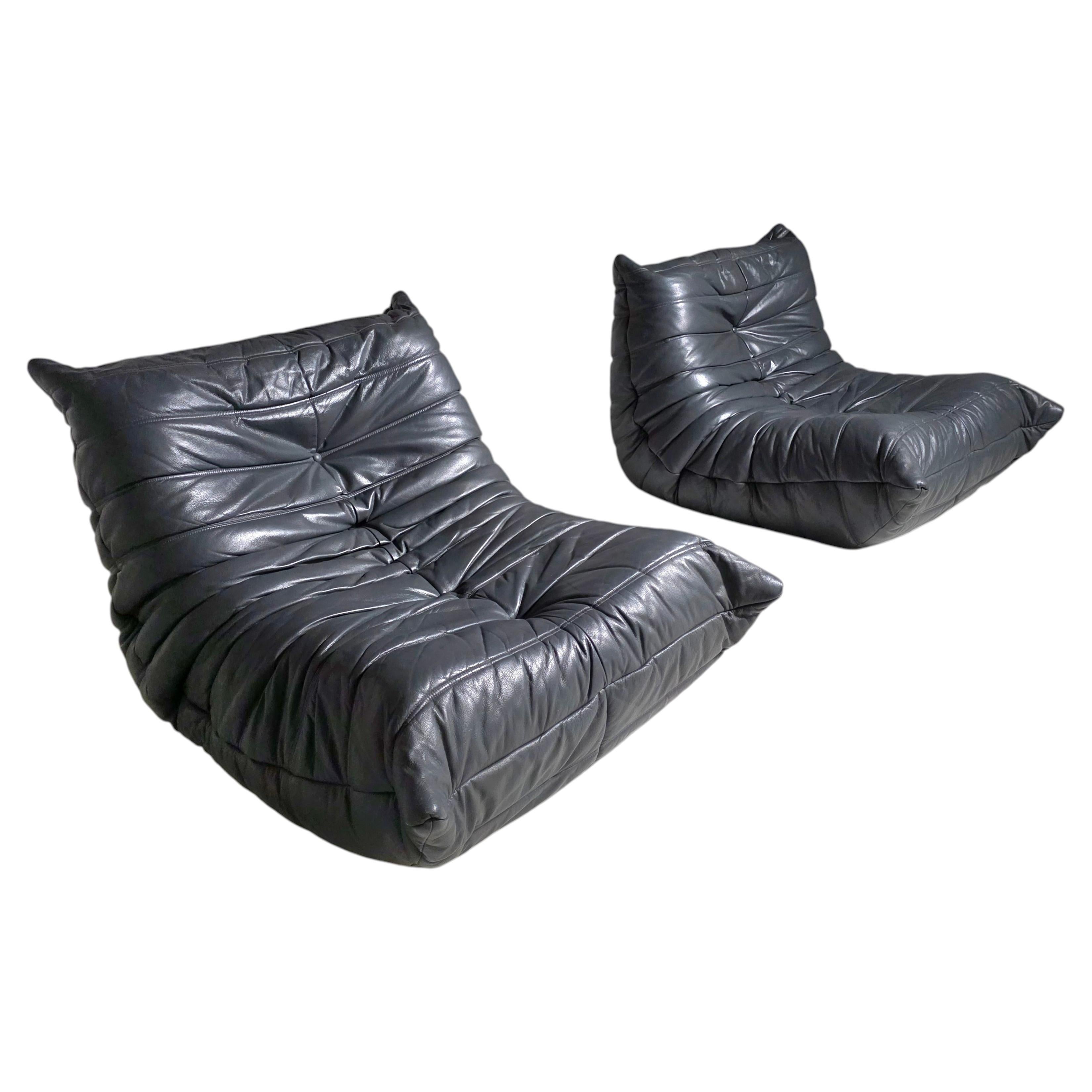 Poltrone Togo in pelle blu/grigia di Michel Ducaroy per Ligne Roset, anni ’80