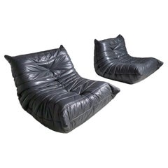 Togo Lounge Chairs in blue/grey leather by Michel Ducaroy for Ligne Roset, 1980s