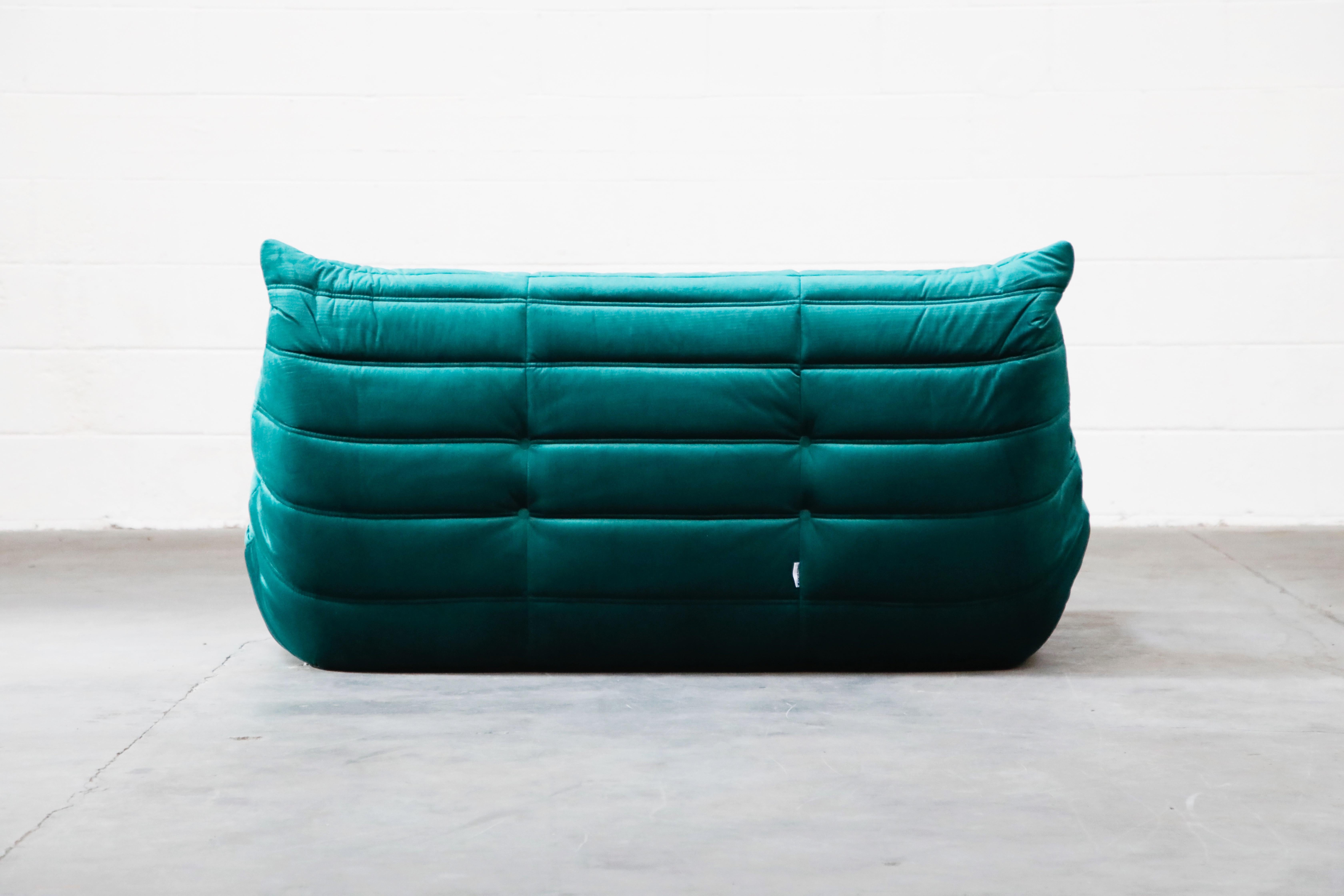 Togo Loveseat by Michel Ducaroy for Ligne Roset in Emerald Green Velvet, Signed 6