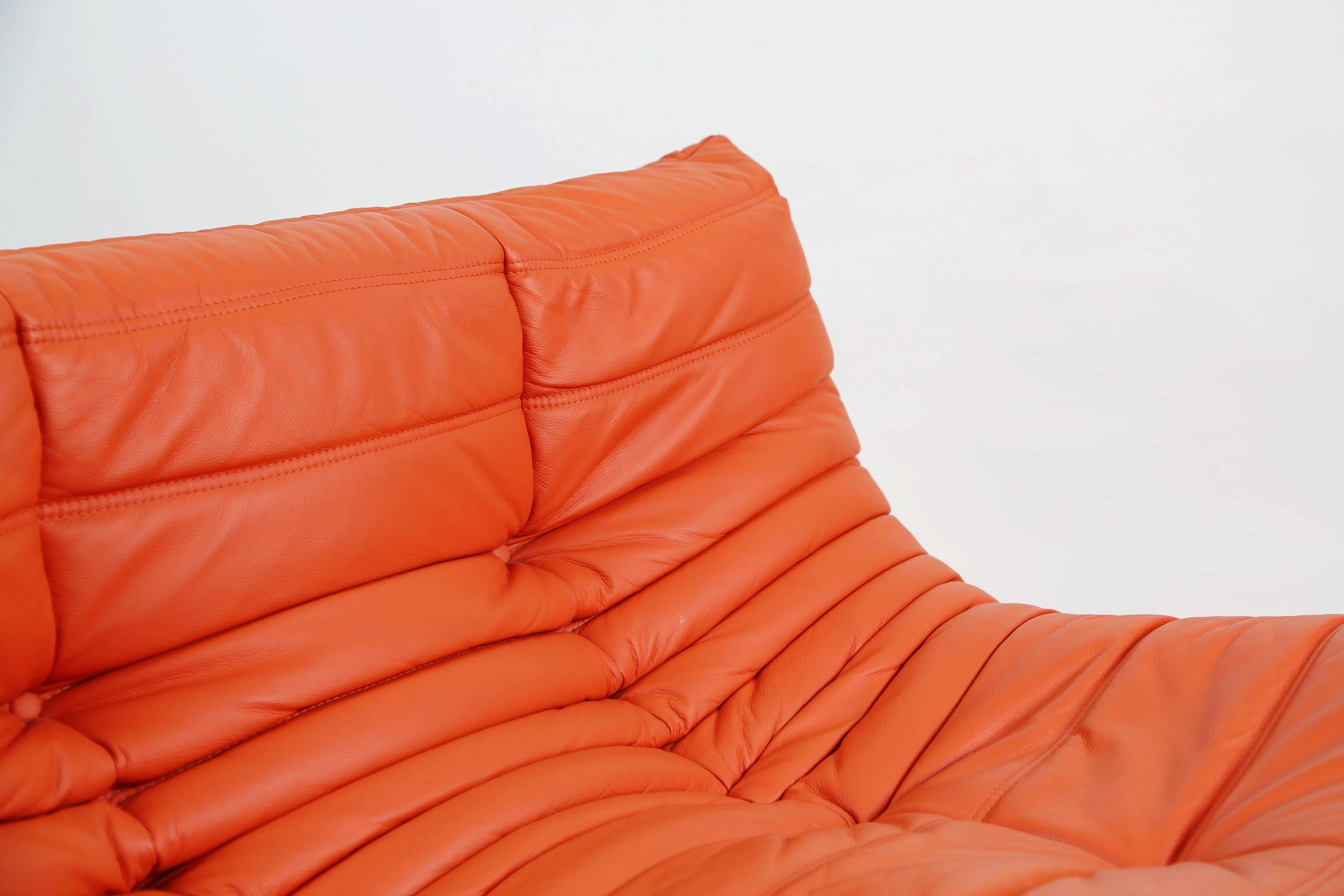 Togo Loveseat in Orange Leather by Michel Ducaroy for Ligne Roset, France 3