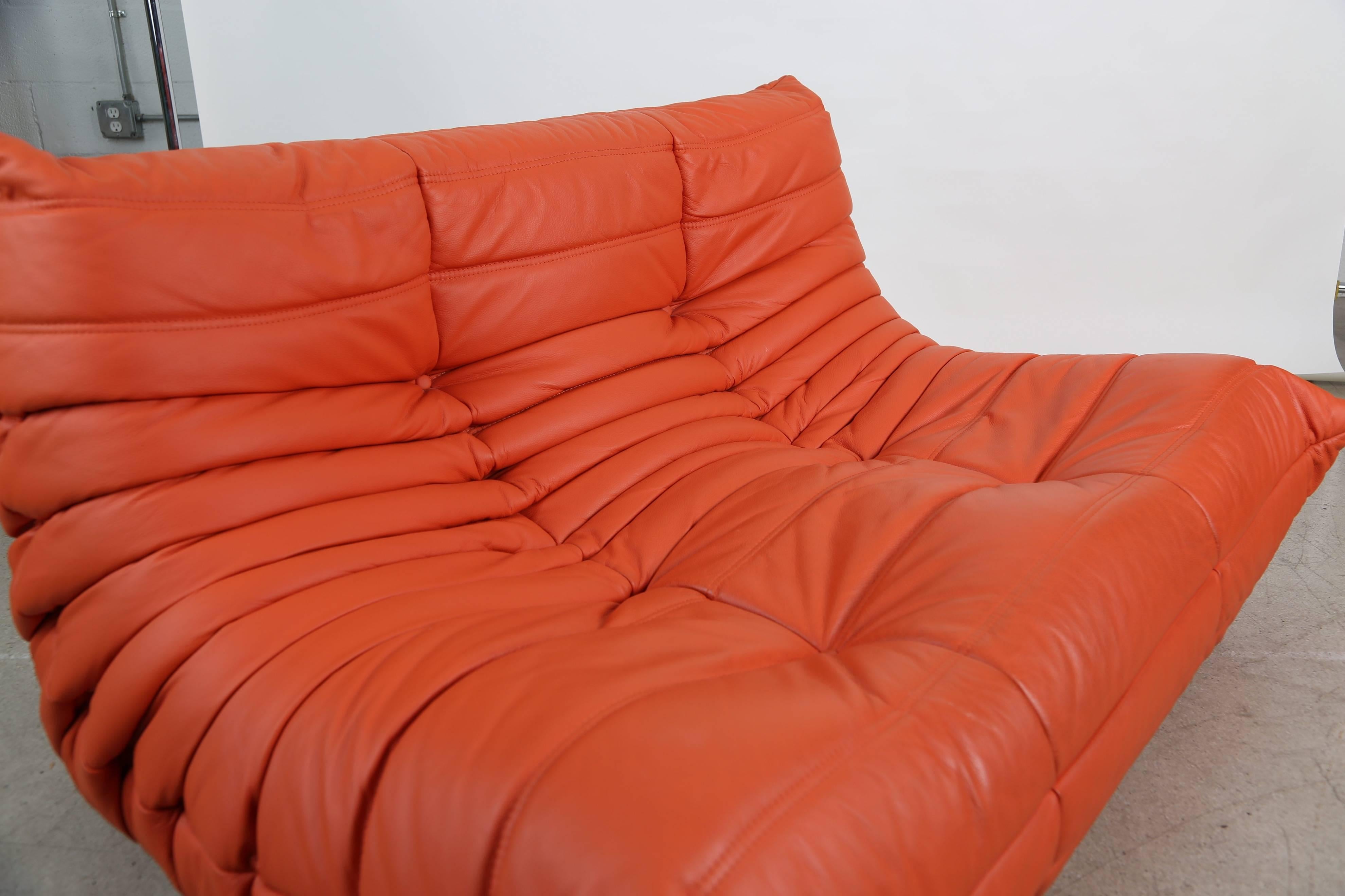 Togo Loveseat in Orange Leather by Michel Ducaroy for Ligne Roset, France 5