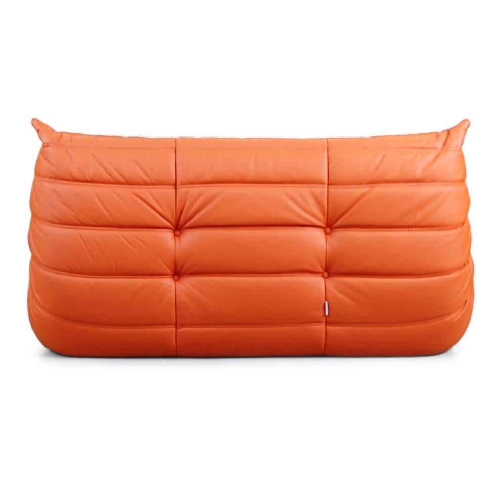 French Togo Loveseat in Orange Leather by Michel Ducaroy for Ligne Roset, France