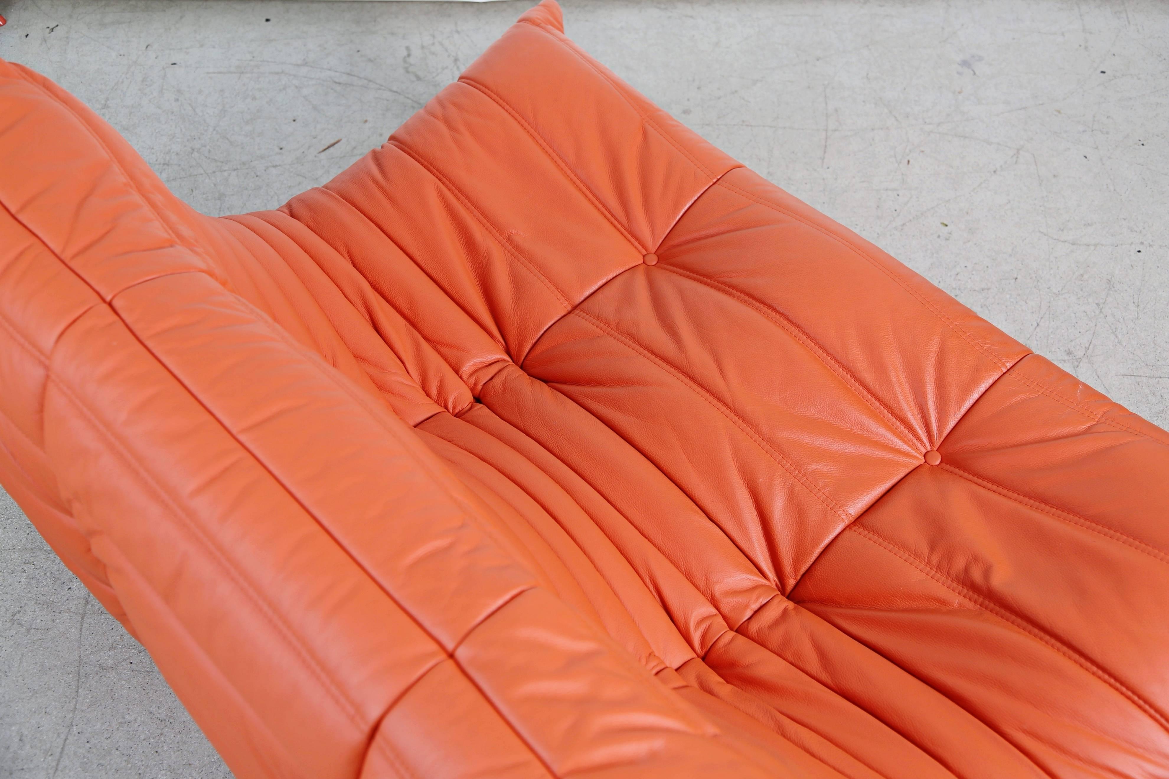 20th Century Togo Loveseat in Orange Leather by Michel Ducaroy for Ligne Roset, France