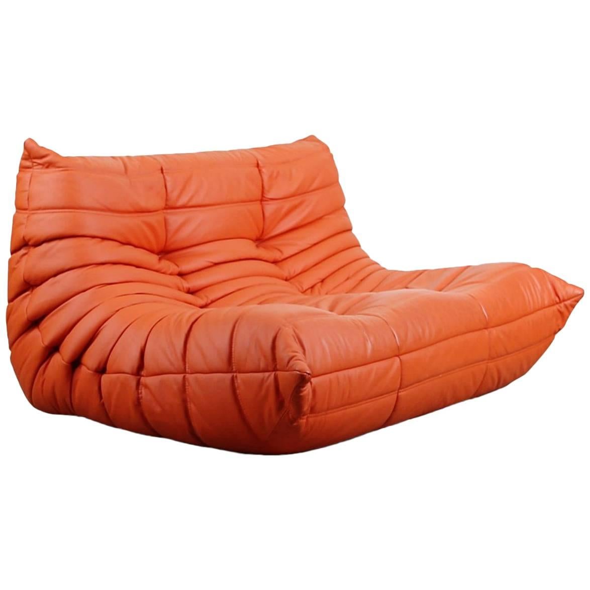 Togo Loveseat In Orange Leather By Michel Ducaroy For Ligne Roset 