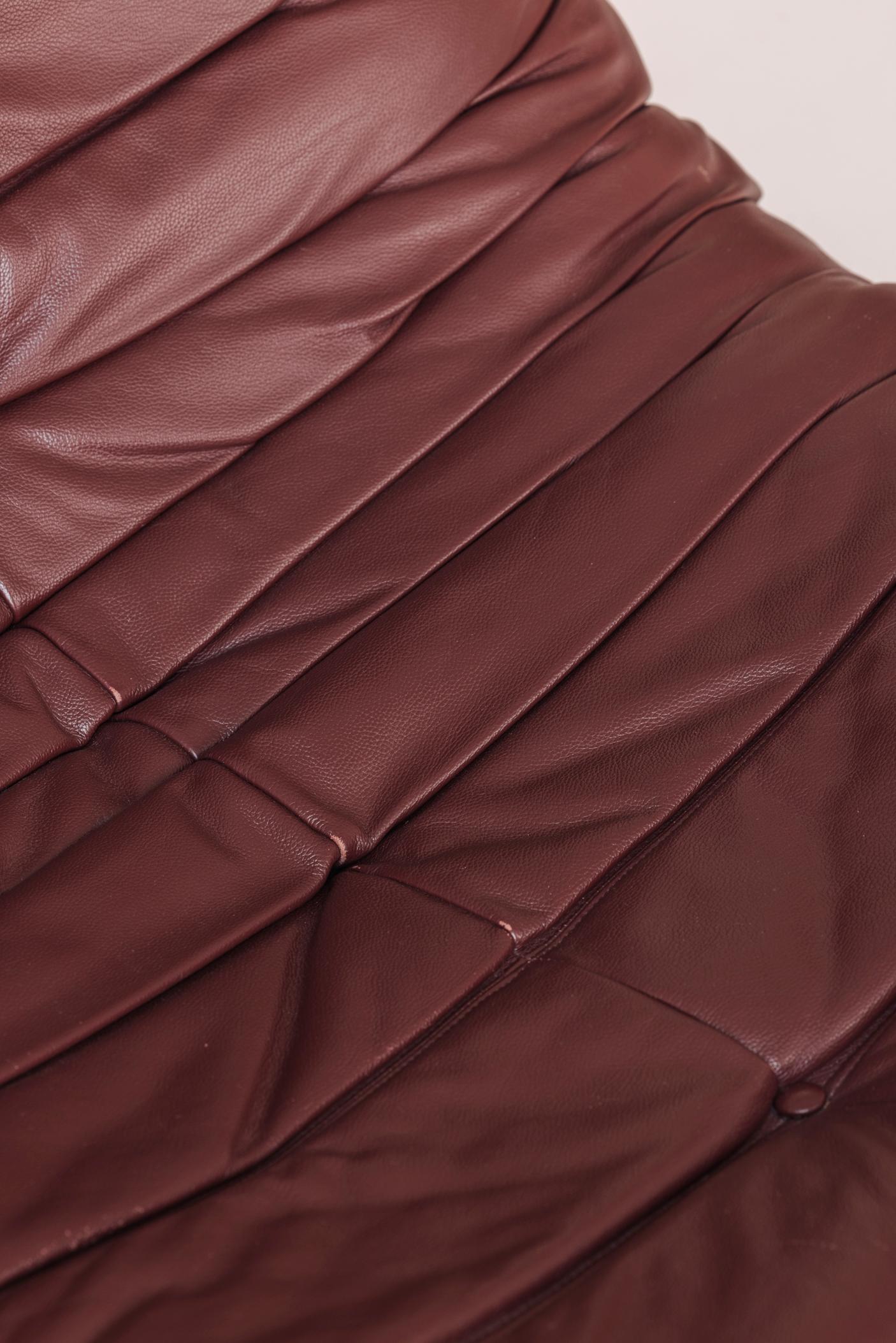 Fabric ‘Togo’ One Seater, Burgundy leather by M. Ducaroy for Ligne Roset, France, 1960s