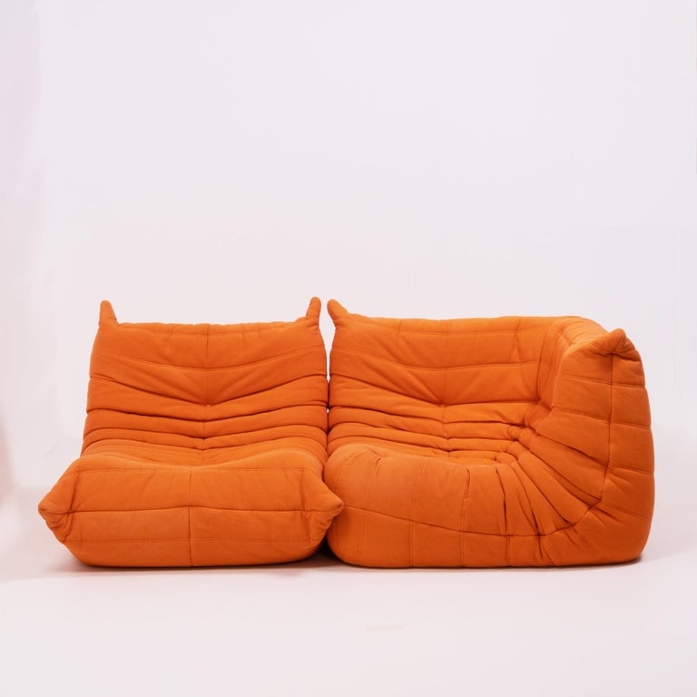 Togo Orange Fabric Modular Sofa By Michel Ducaroy For Ligne Roset Two Piece Set