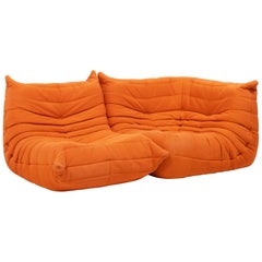 Canapé modulaire en tissu Togo Orange de Michel Ducaroy pour Ligne Roset:: ensemble de deux pièces