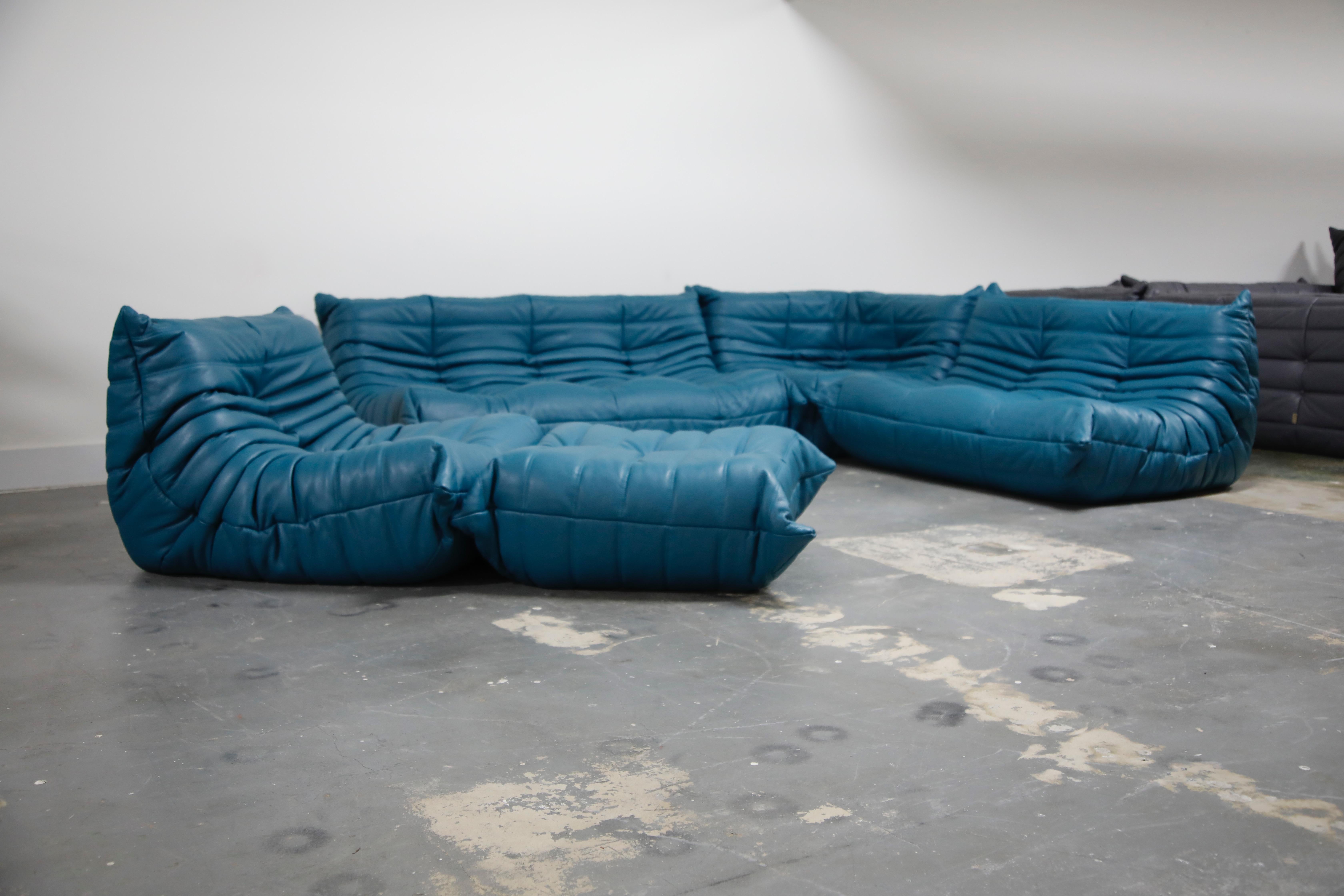'Togo' Ottoman by Michel Ducaroy for Ligne Roset in Blue Leather 3