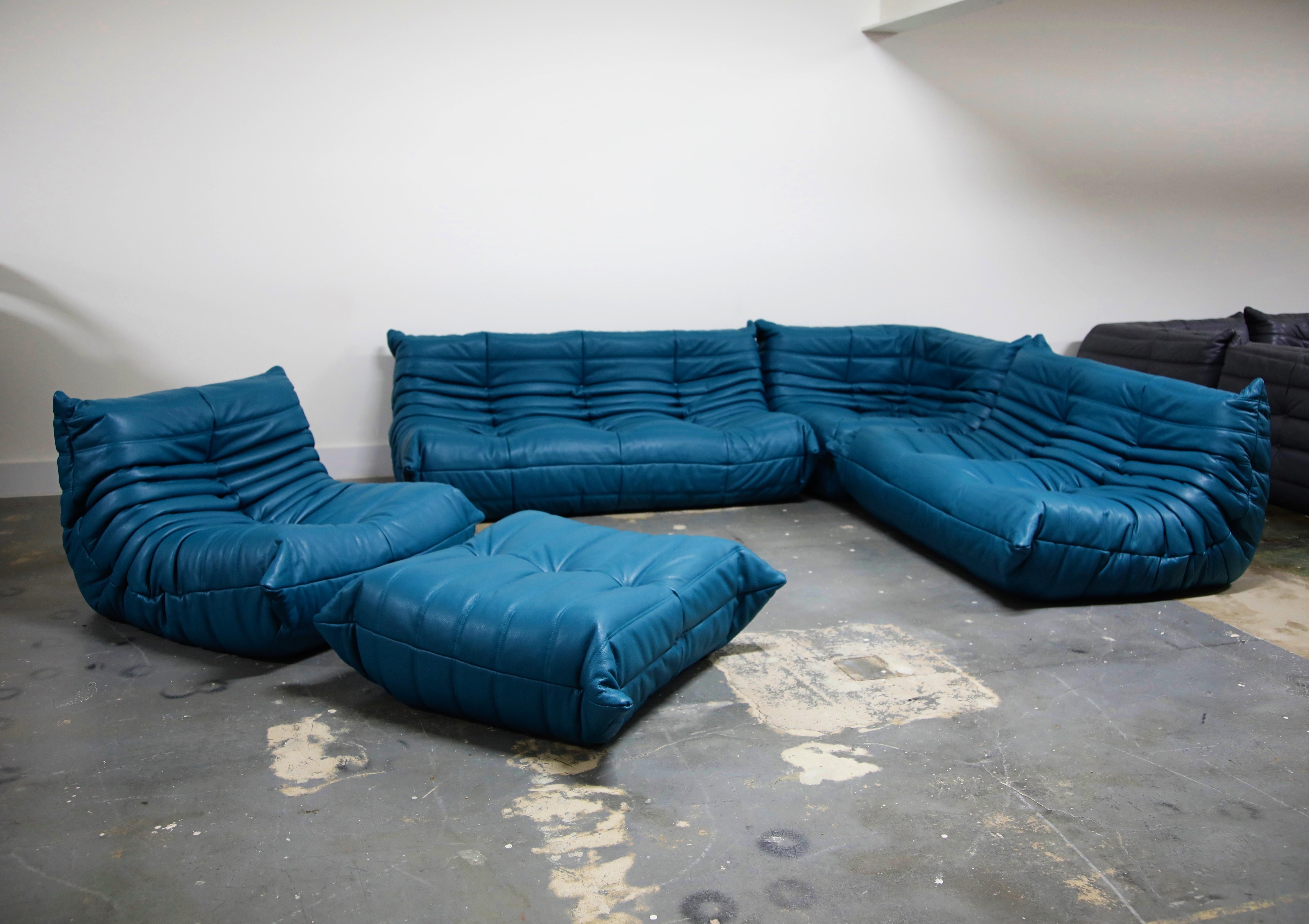 Contemporary 'Togo' Ottoman by Michel Ducaroy for Ligne Roset in Blue Leather