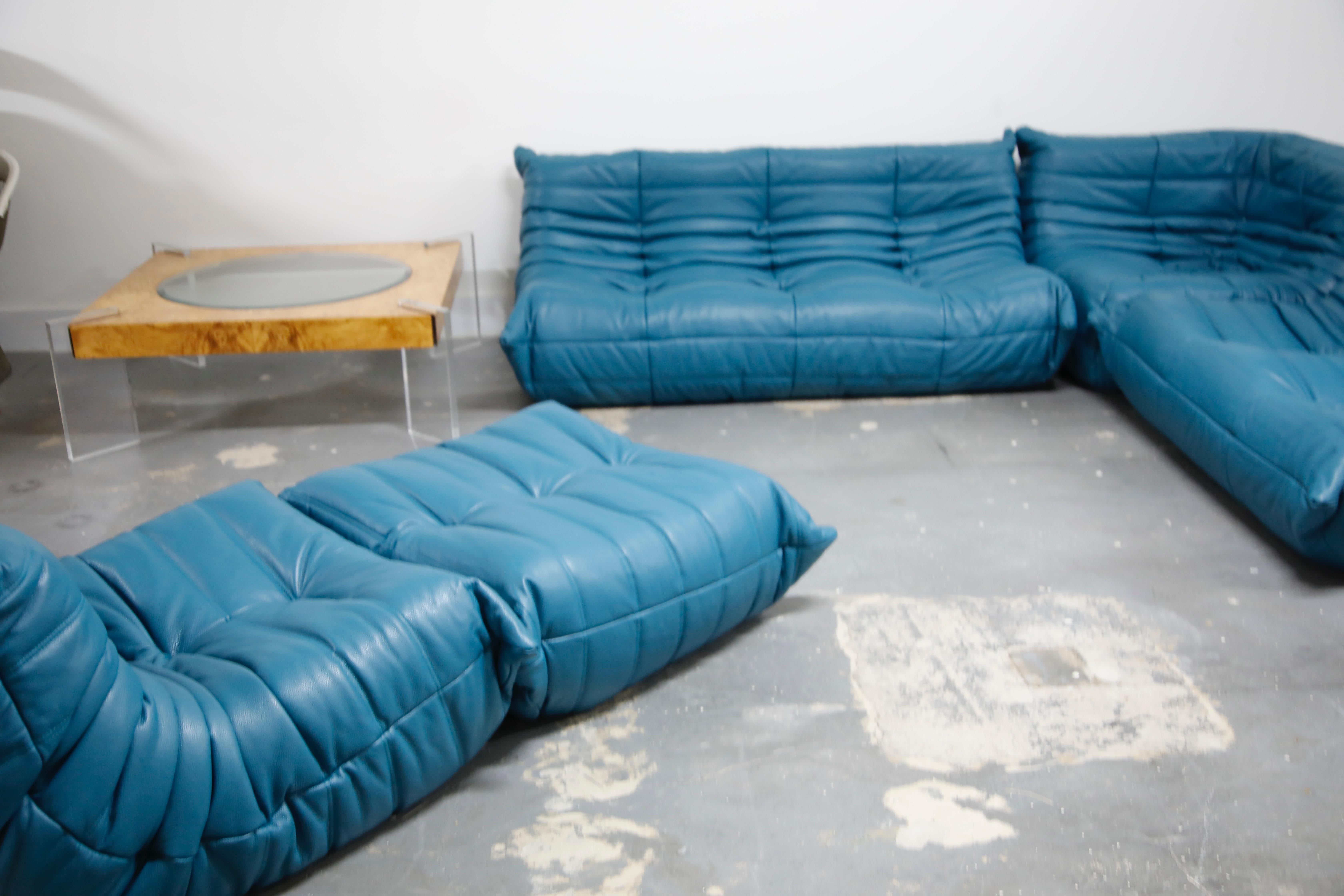 'Togo' Ottoman by Michel Ducaroy for Ligne Roset in Blue Leather 1