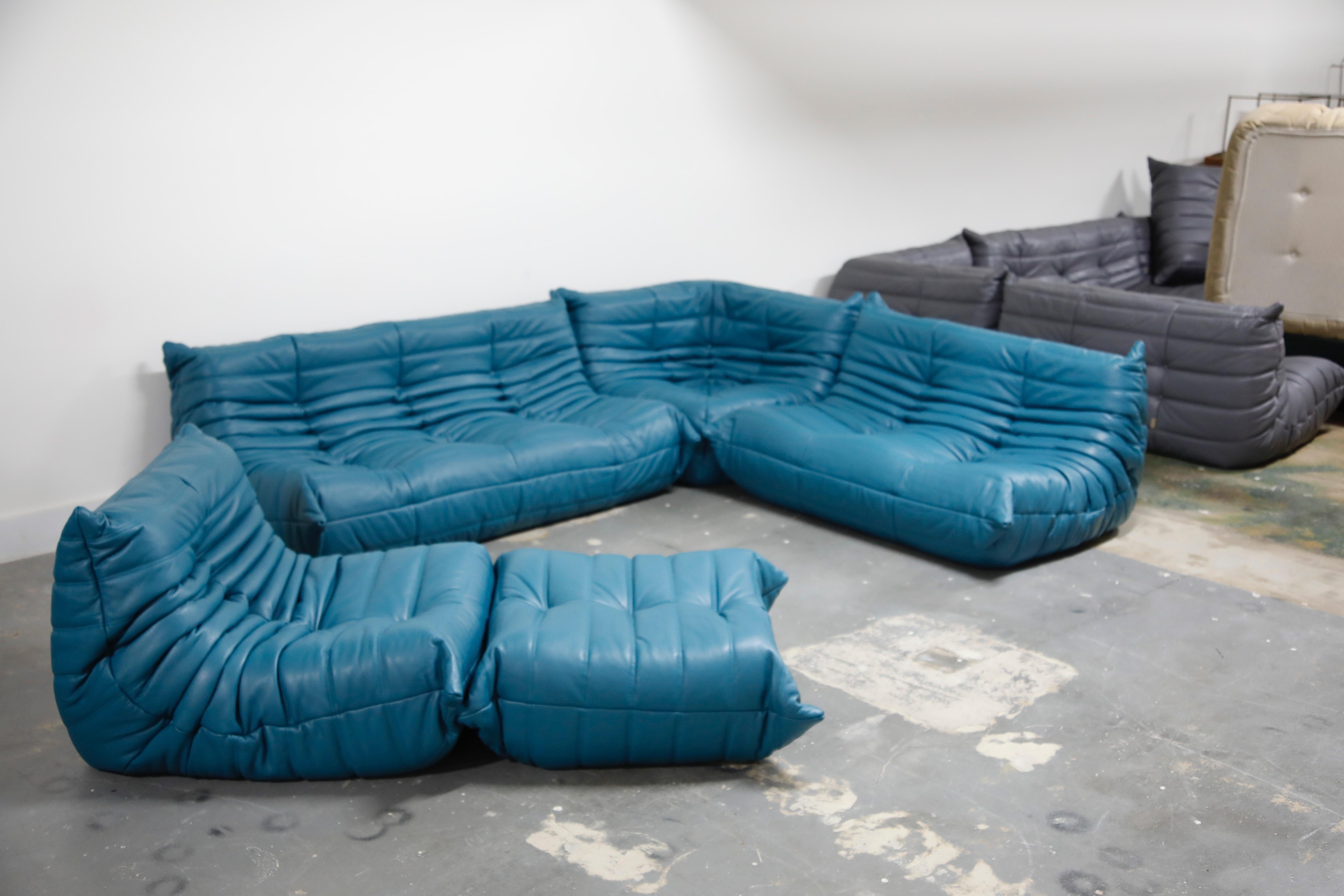 'Togo' Ottoman by Michel Ducaroy for Ligne Roset in Blue Leather 2