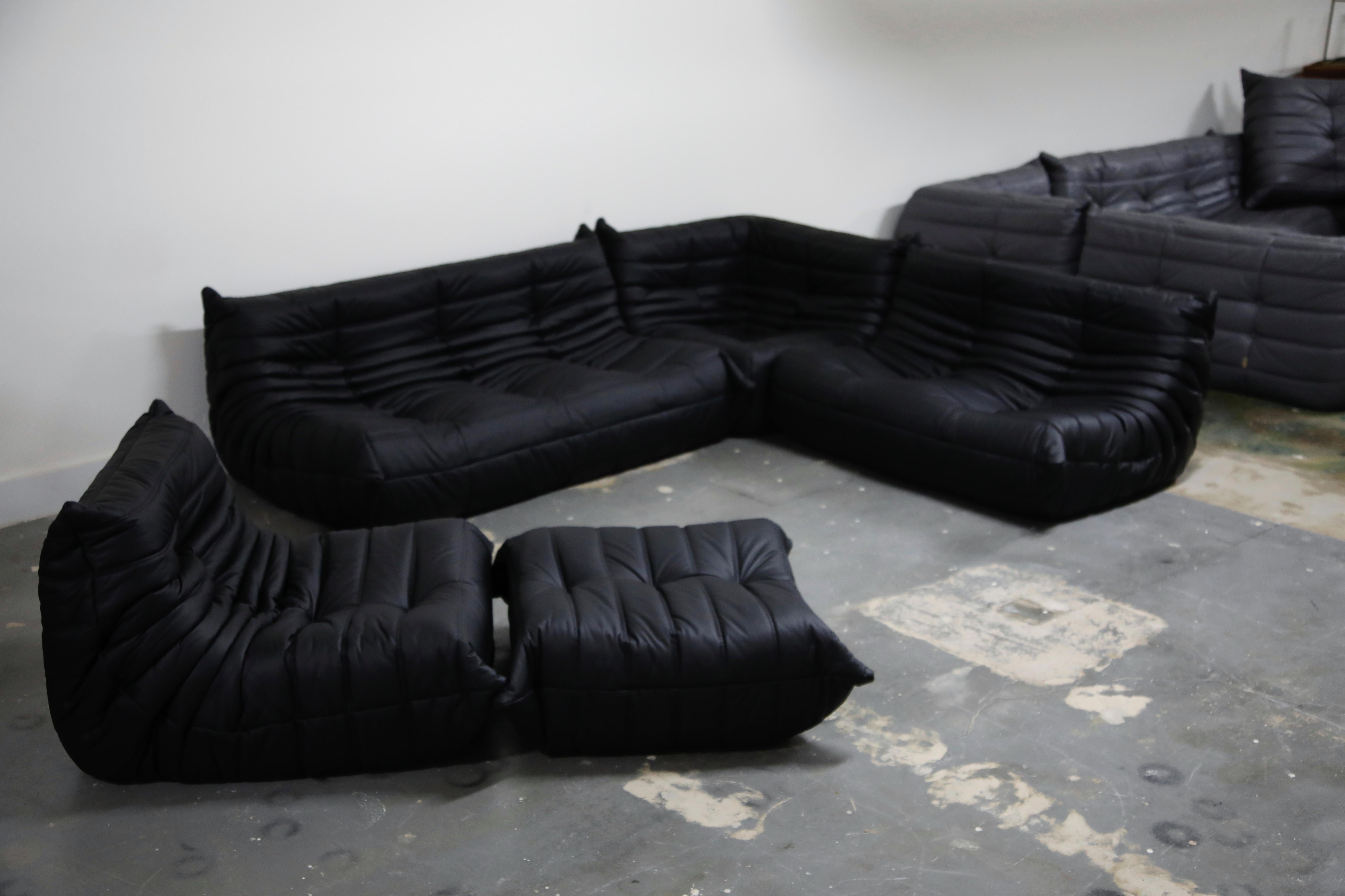 Modern Togo Sectional Five-Piece Set by Michel Ducaroy for Ligne Roset in Black Leather