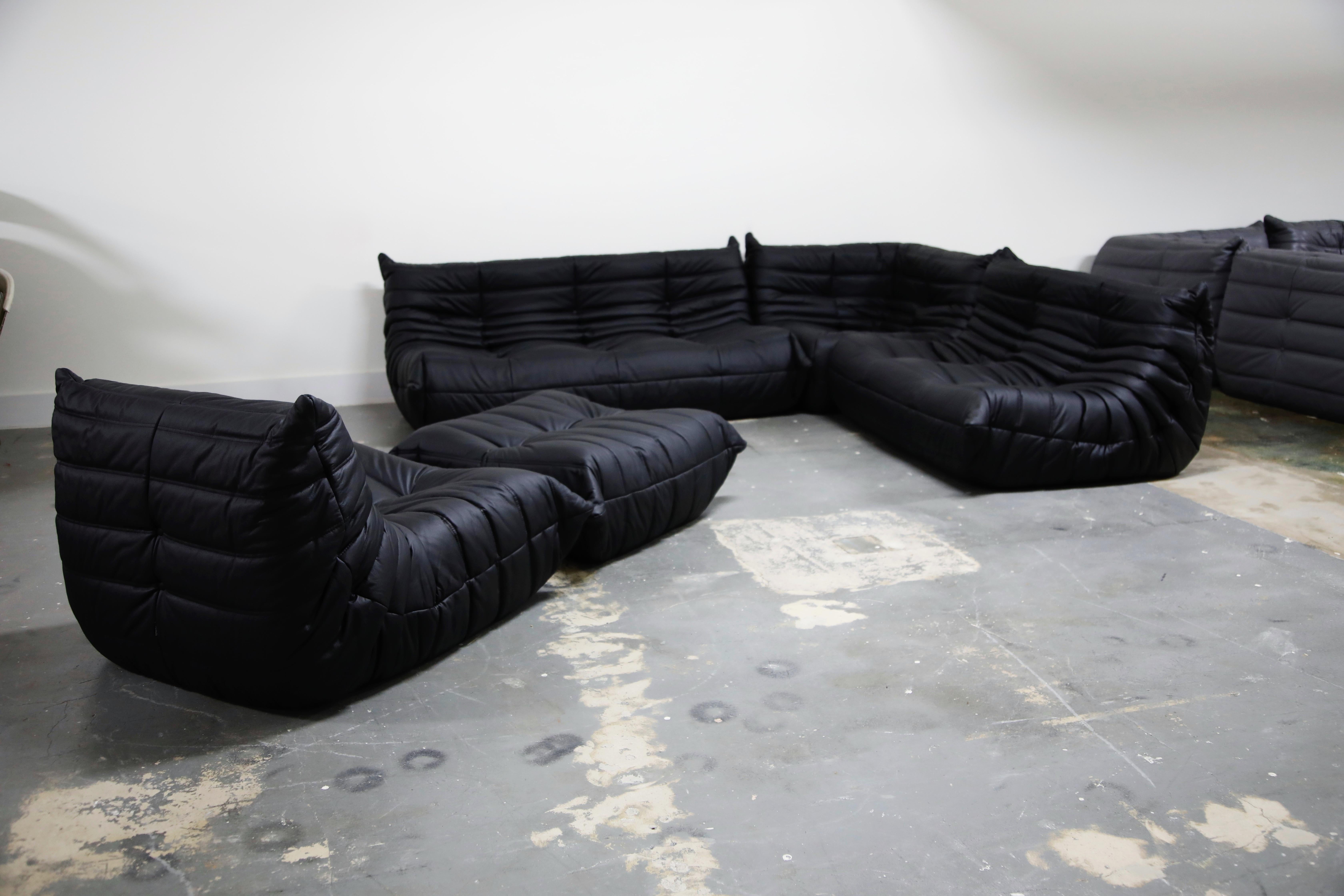 French Togo Sectional Five-Piece Set by Michel Ducaroy for Ligne Roset in Black Leather