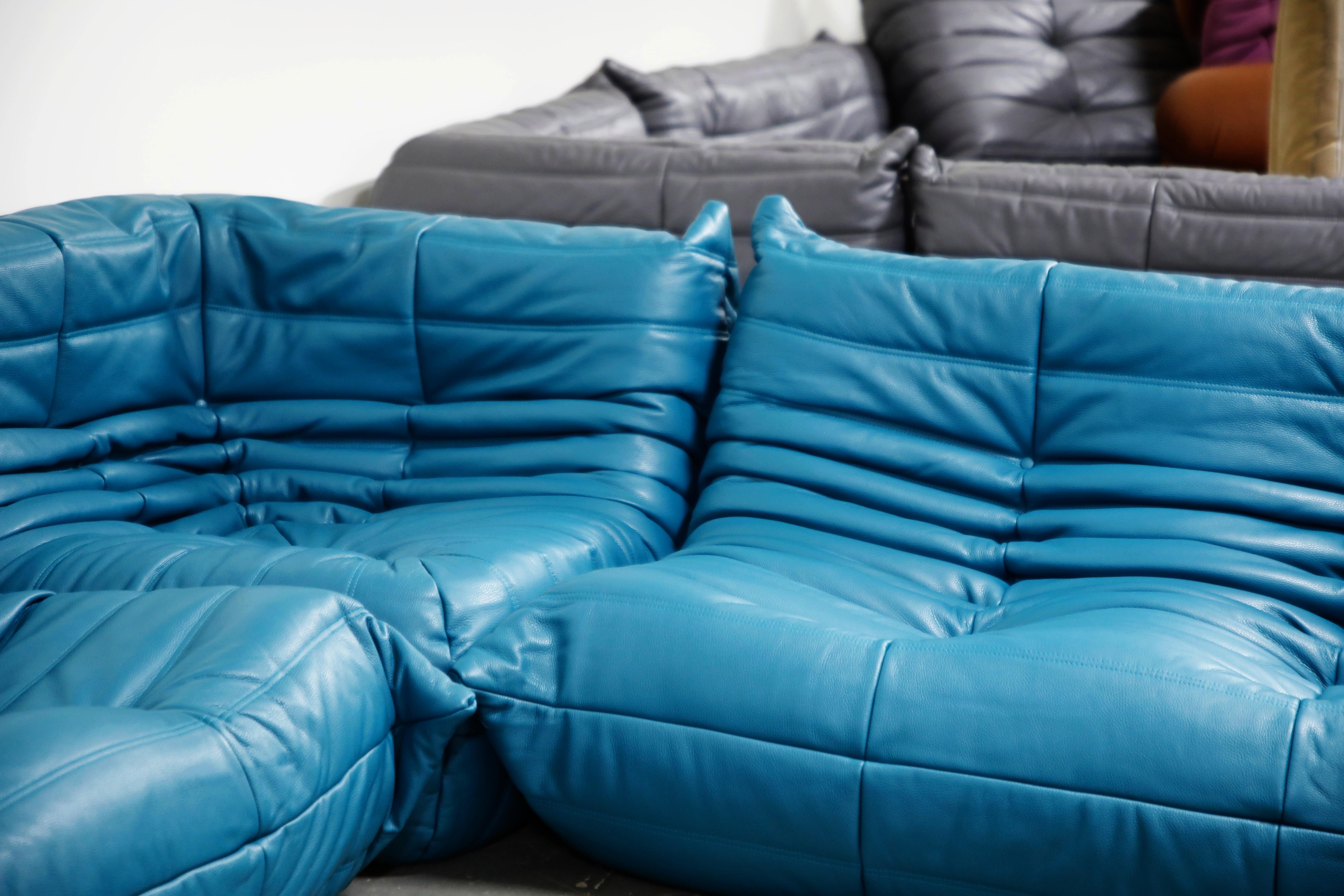 Togo Sectional Five-Piece Set by Michel Ducaroy for Ligne Roset in Blue Leather 11