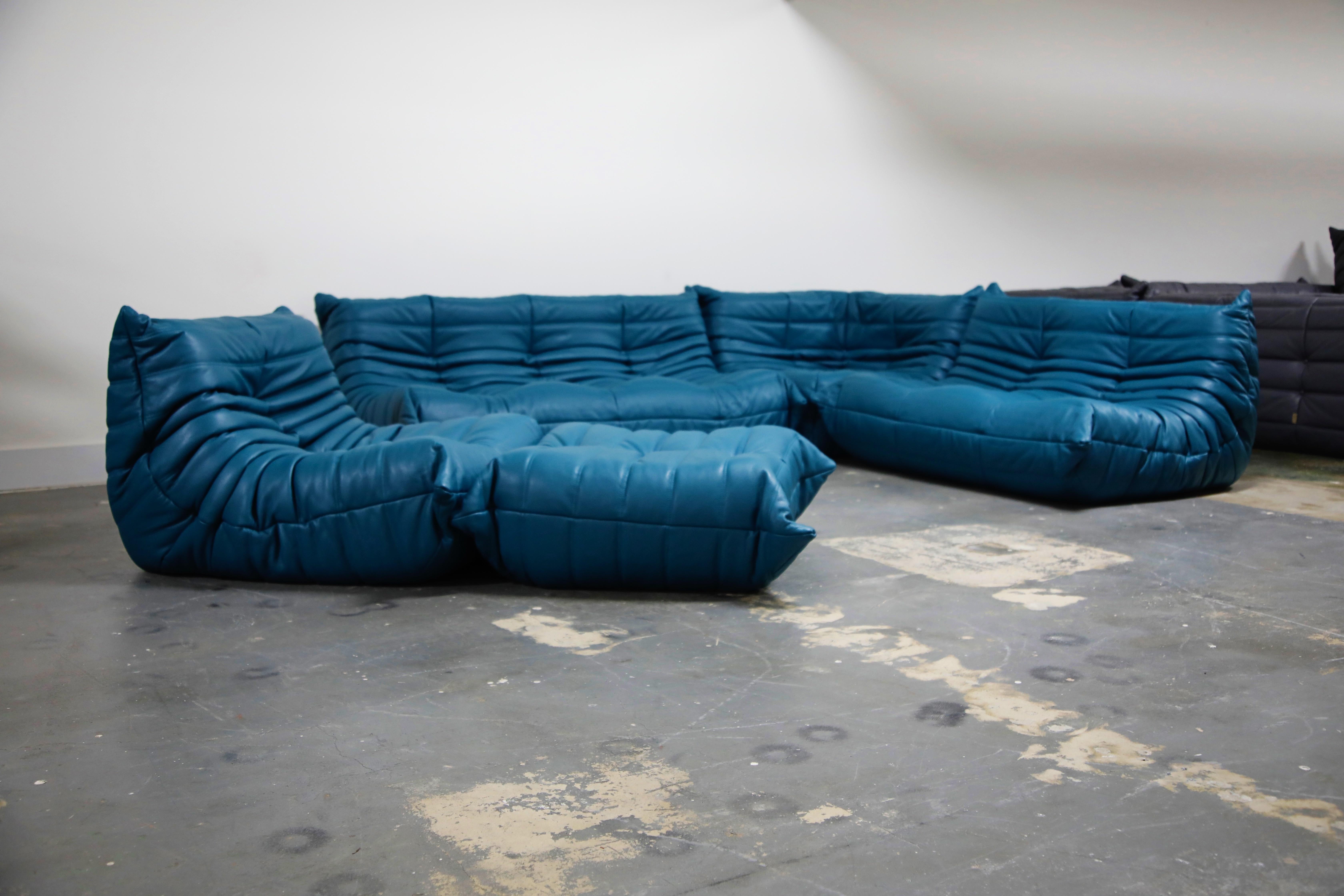 Modern Togo Sectional Five-Piece Set by Michel Ducaroy for Ligne Roset in Blue Leather