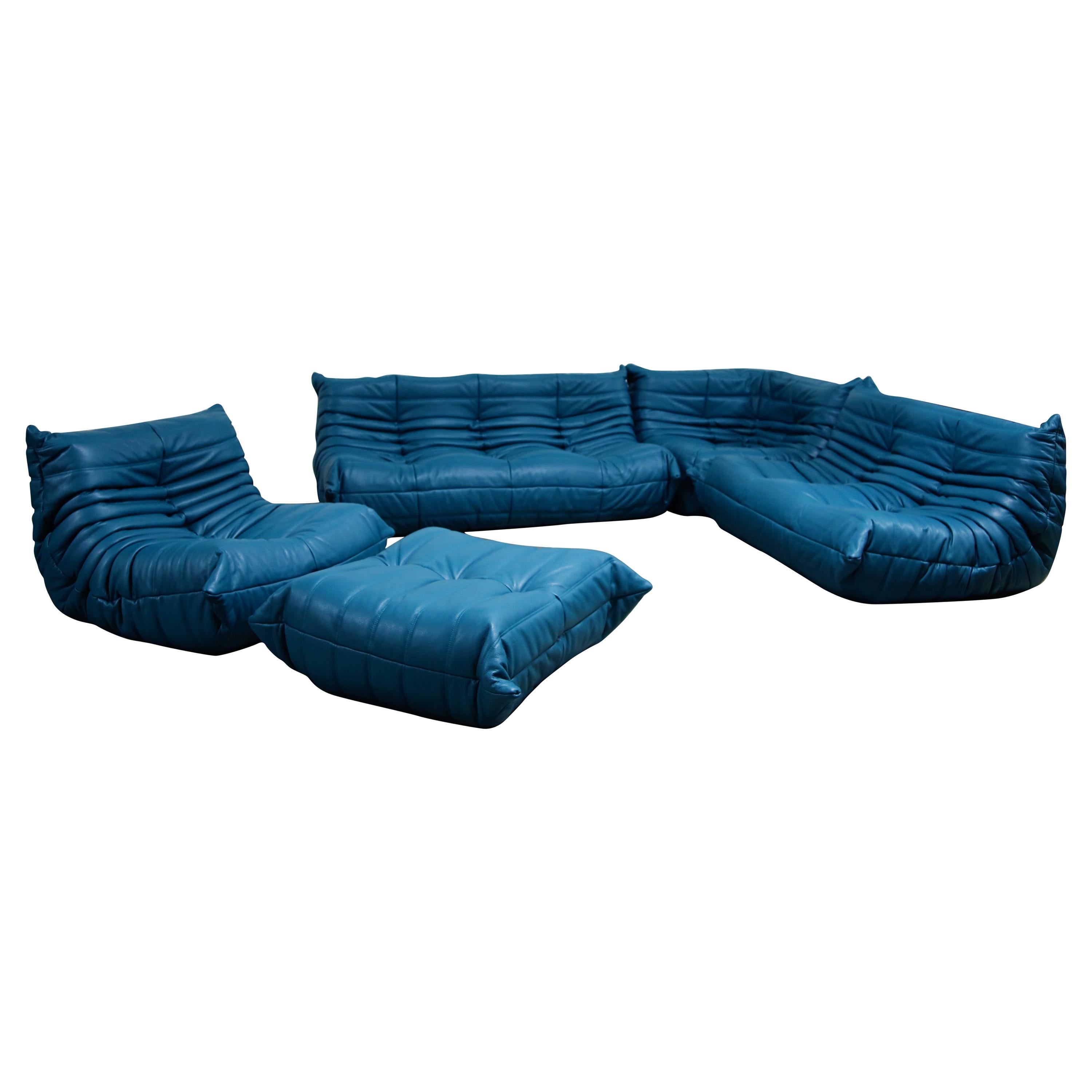 Togo Sectional Five-Piece Set by Michel Ducaroy for Ligne Roset in Blue Leather