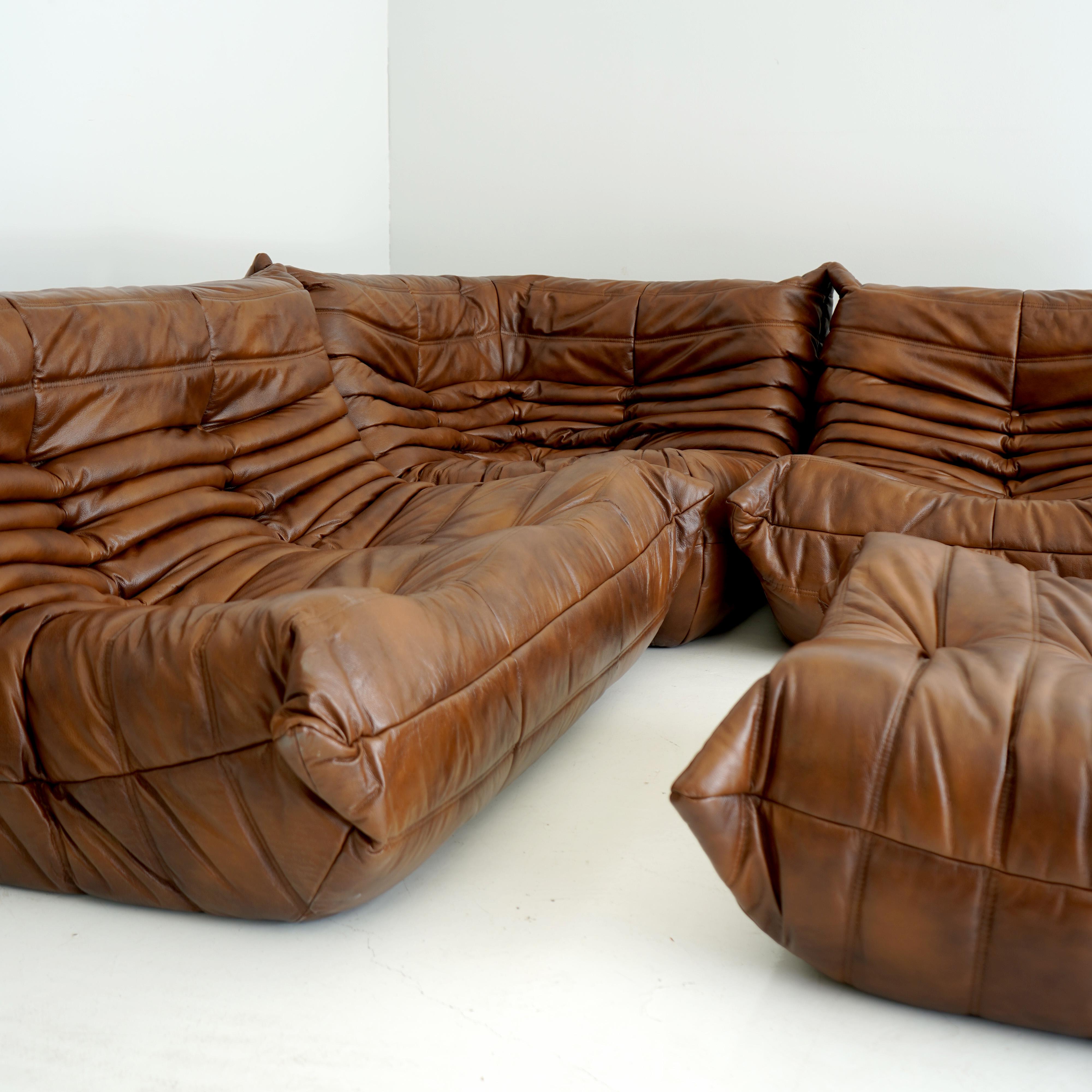 Complete 5-piece Togo sectional in a tortoise shell leather. All pieces tagged Ligne Roset. Excellent condition.