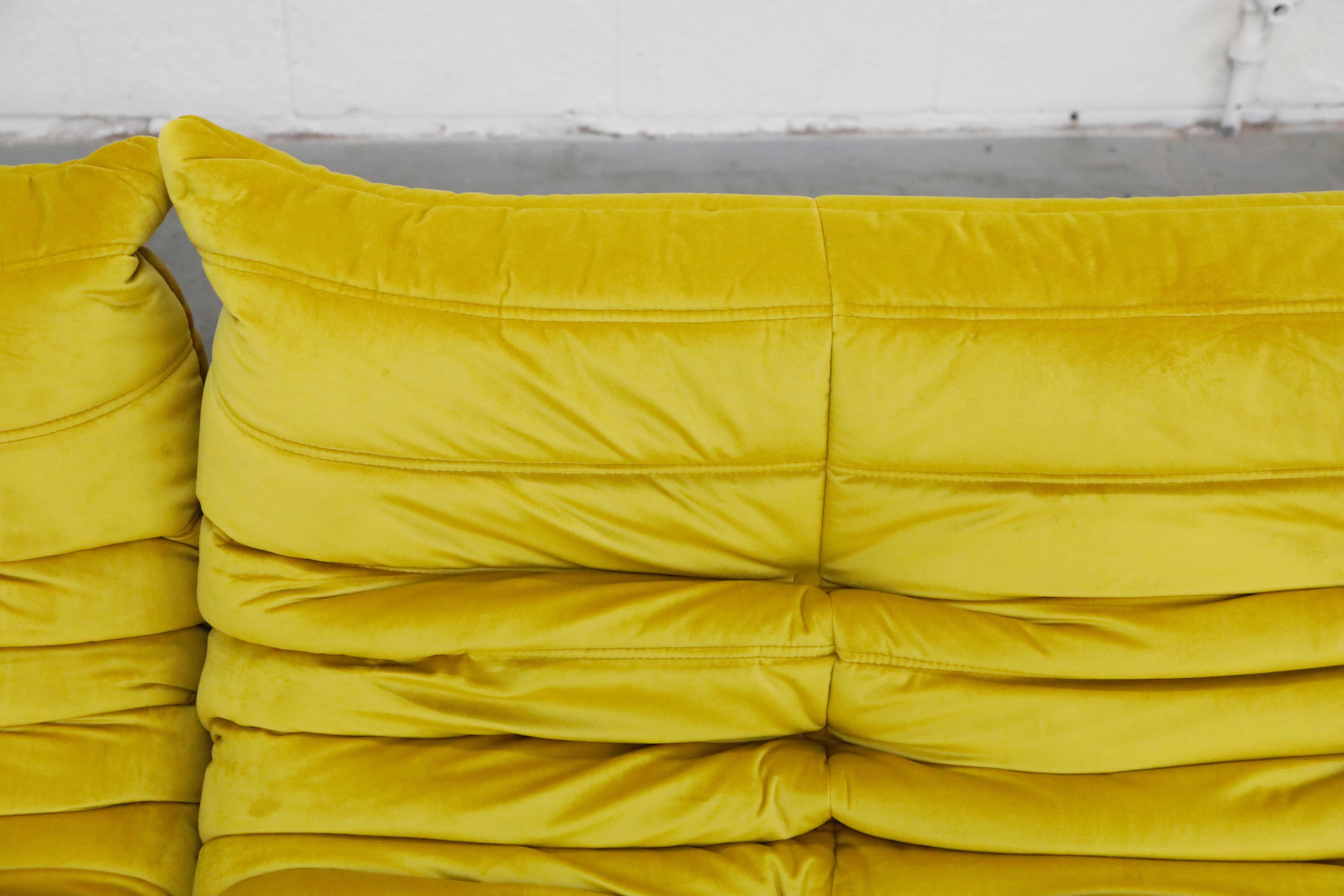 Togo Sectional Three-Piece Set by Michel Ducaroy for Ligne Roset in Gold Velvet 7