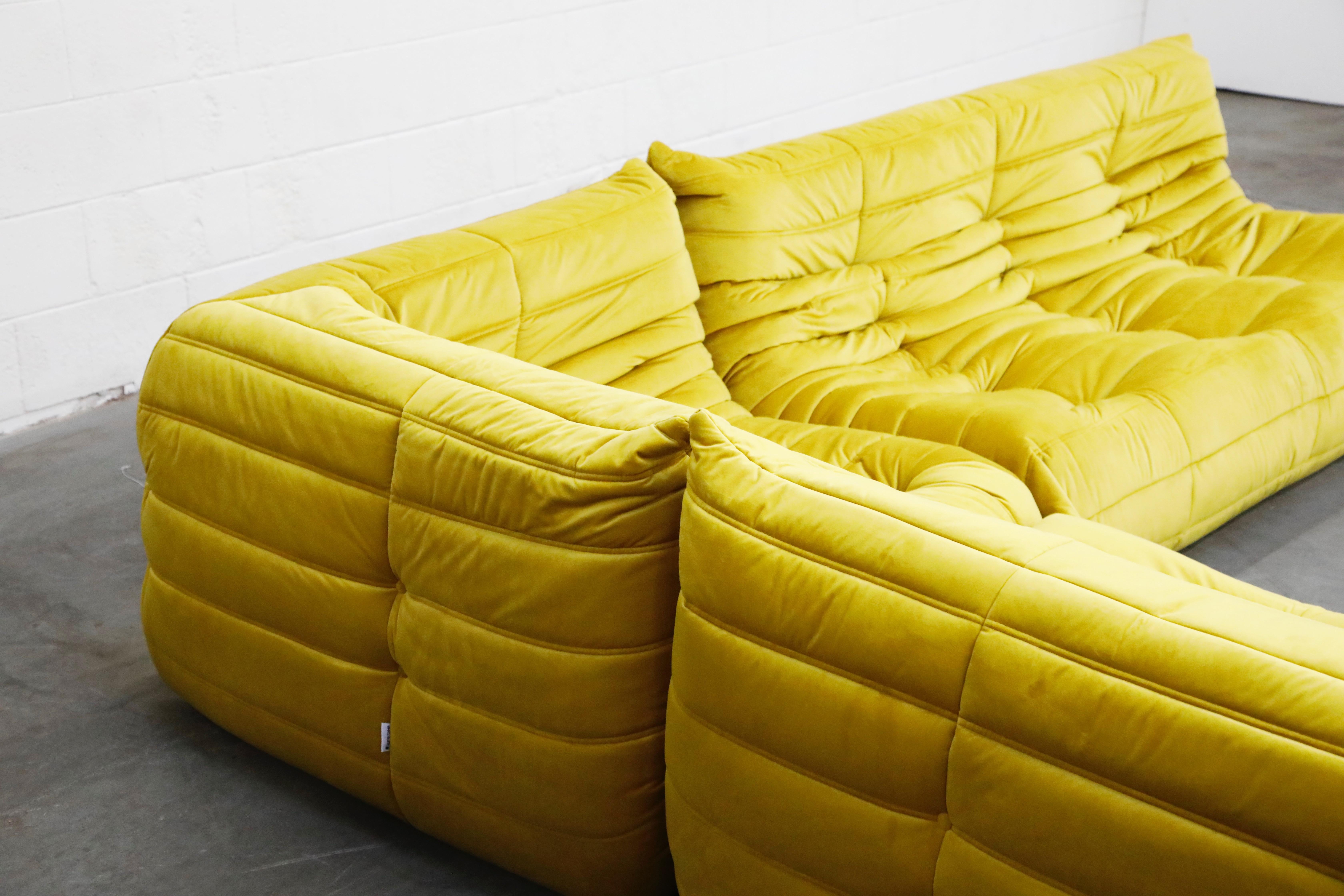 Togo Sectional Three-Piece Set by Michel Ducaroy for Ligne Roset in Gold Velvet 11
