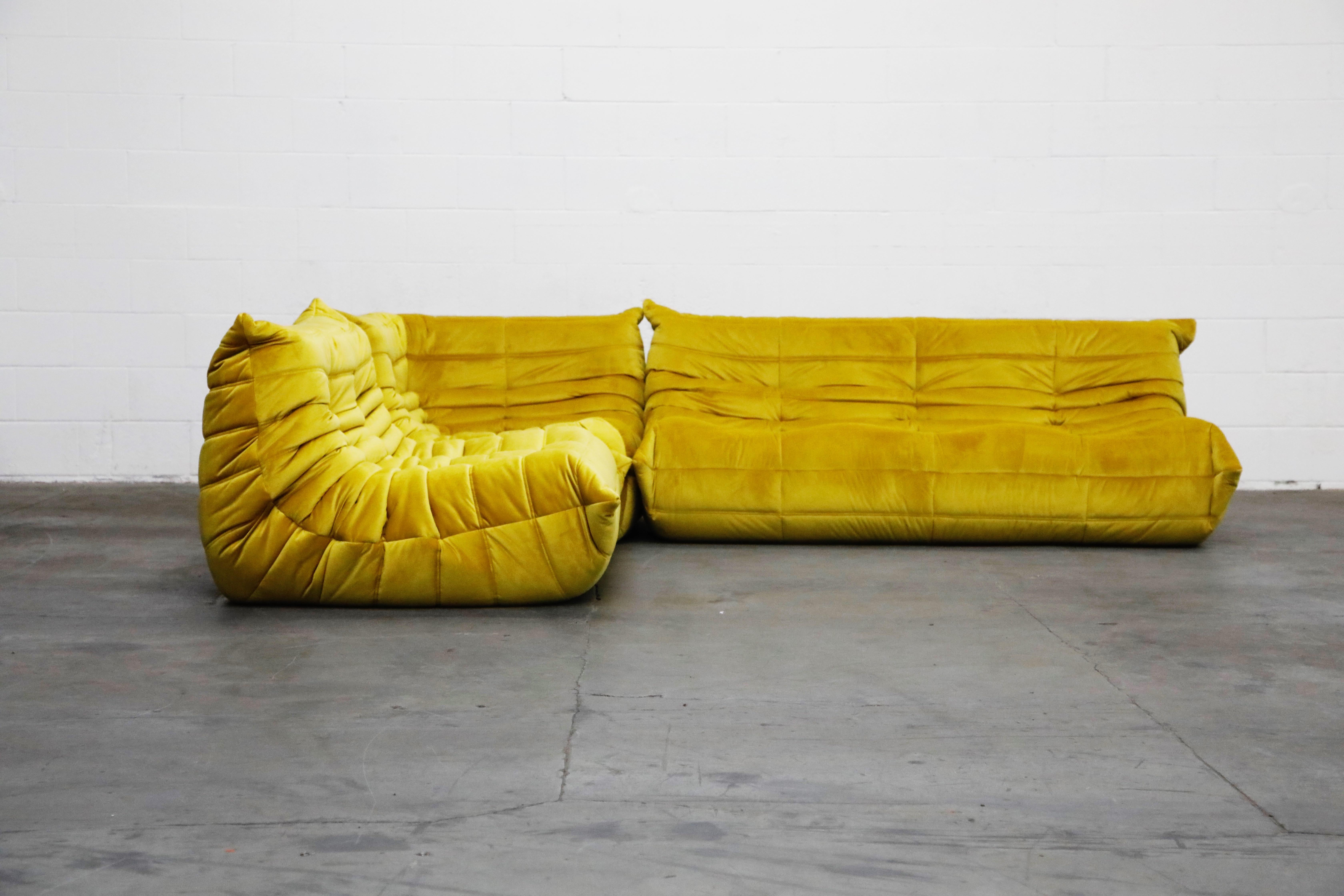 Modern Togo Sectional Three-Piece Set by Michel Ducaroy for Ligne Roset in Gold Velvet