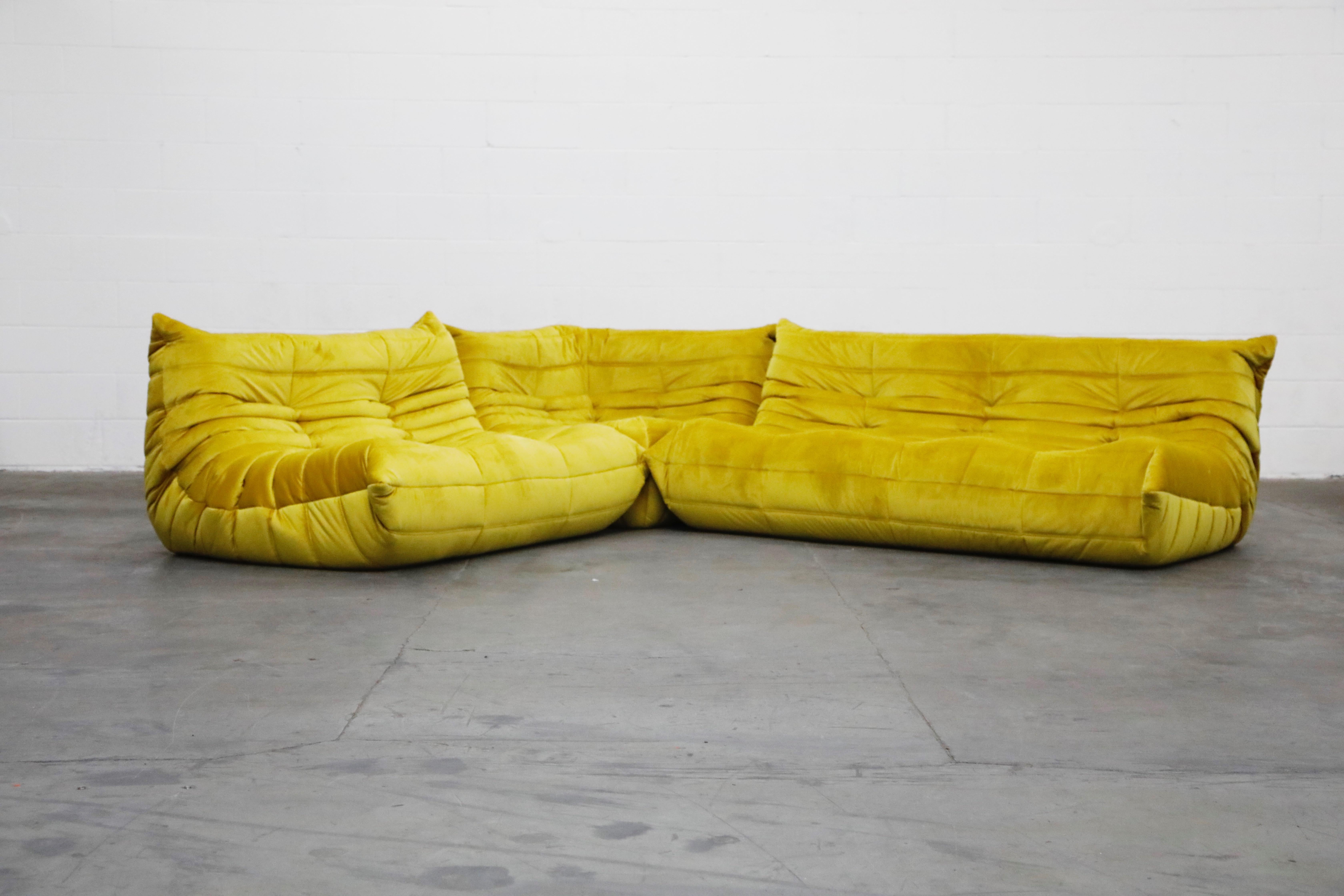 French Togo Sectional Three-Piece Set by Michel Ducaroy for Ligne Roset in Gold Velvet
