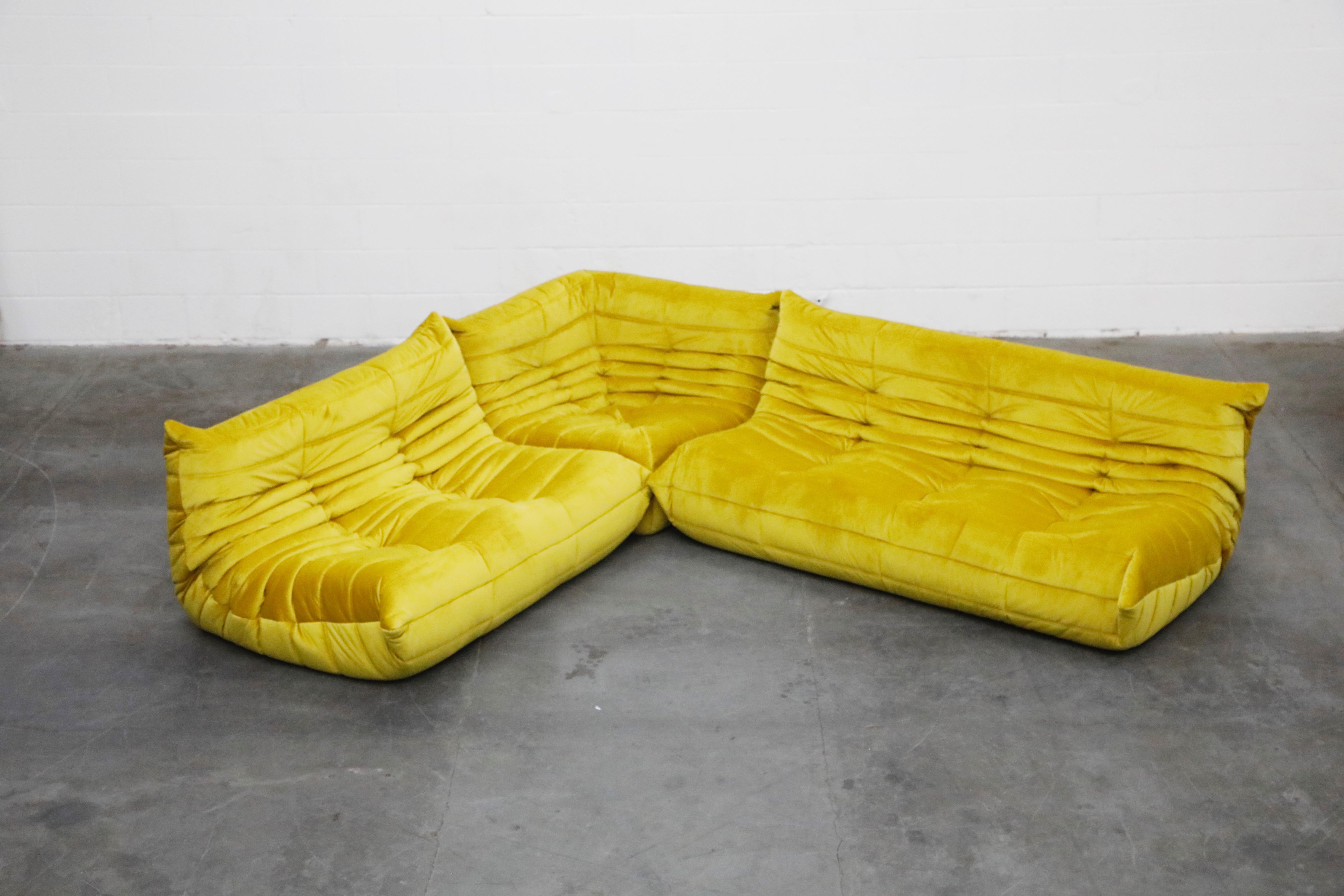 Togo Sectional Three-Piece Set by Michel Ducaroy for Ligne Roset in Gold Velvet In Excellent Condition In Los Angeles, CA
