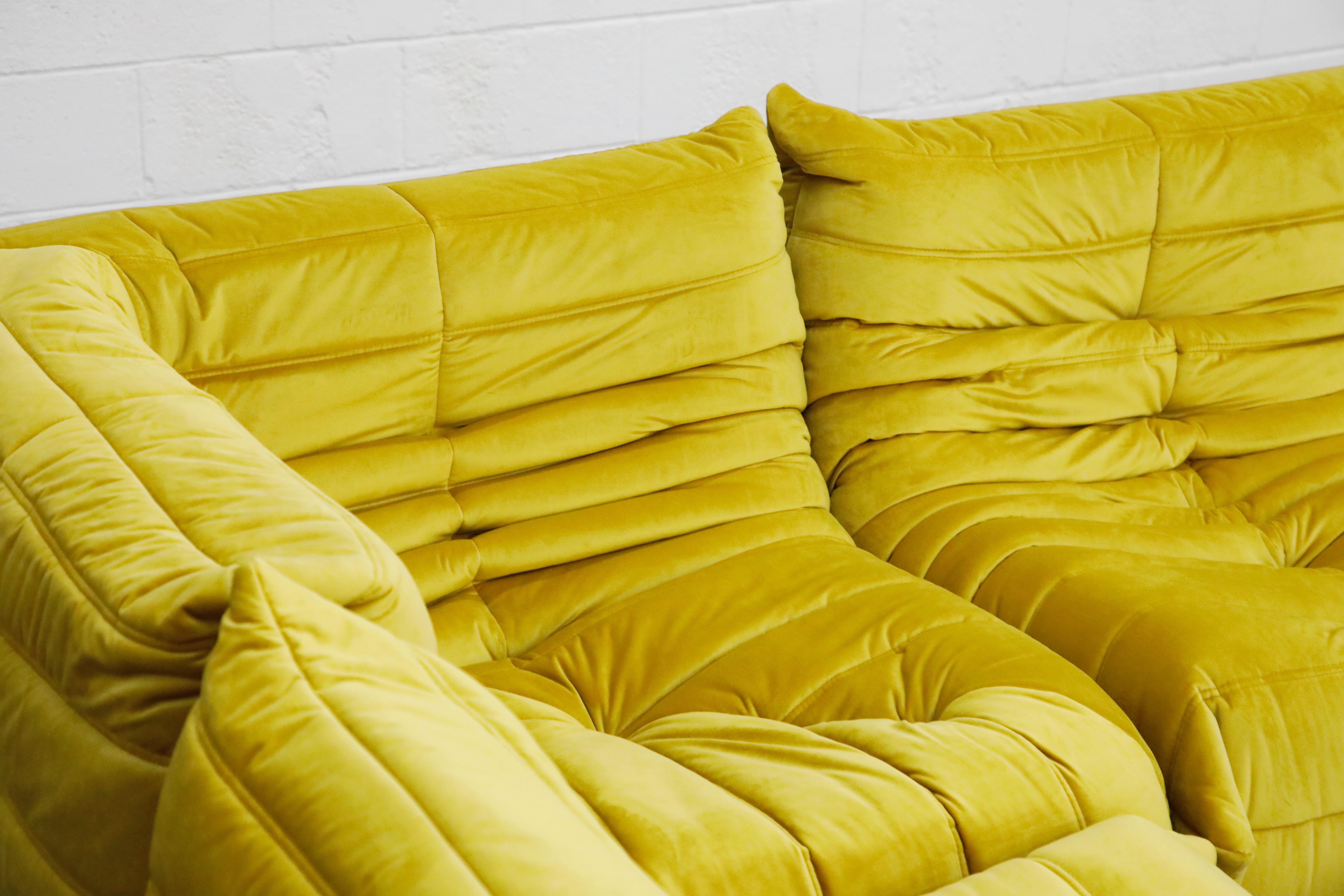 Togo Sectional Three-Piece Set by Michel Ducaroy for Ligne Roset in Gold Velvet 3