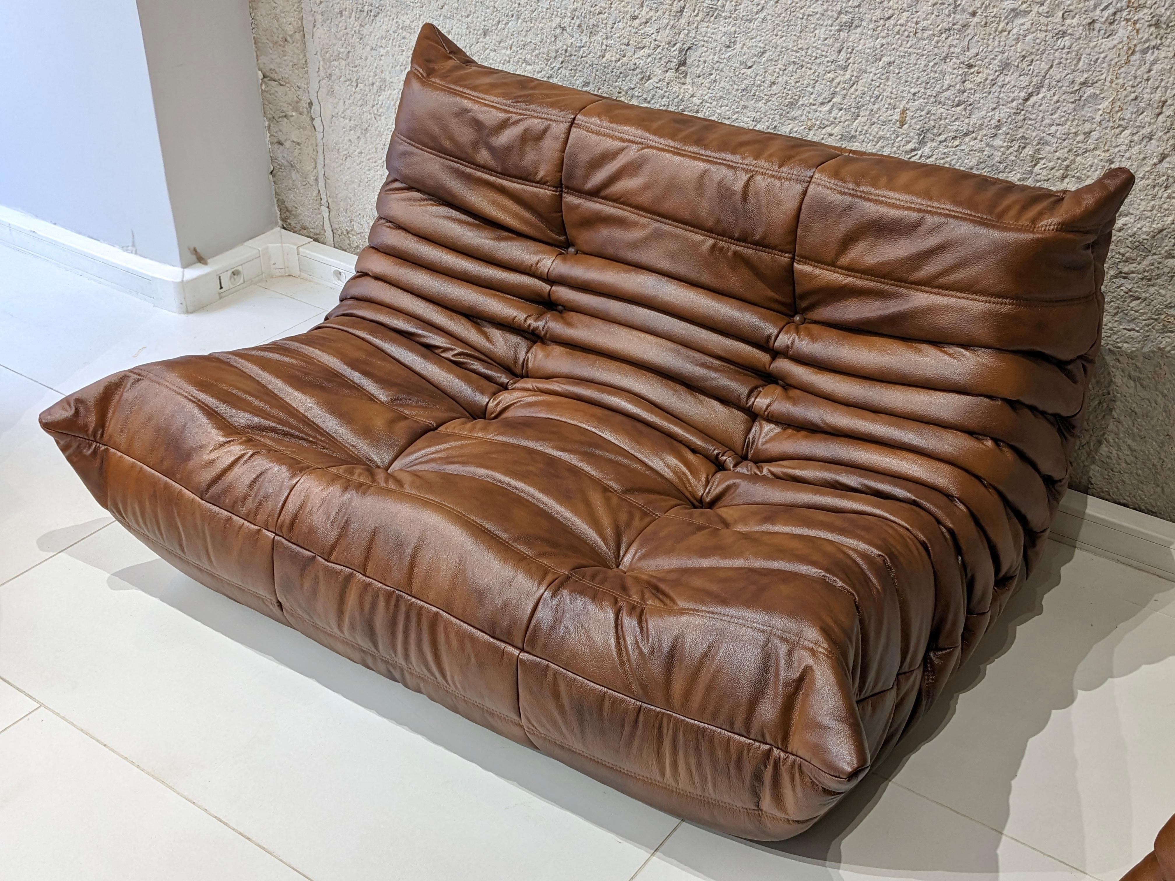 French Togo Set in Brown Leather by Michel Ducaroy for Ligne Roset For Sale