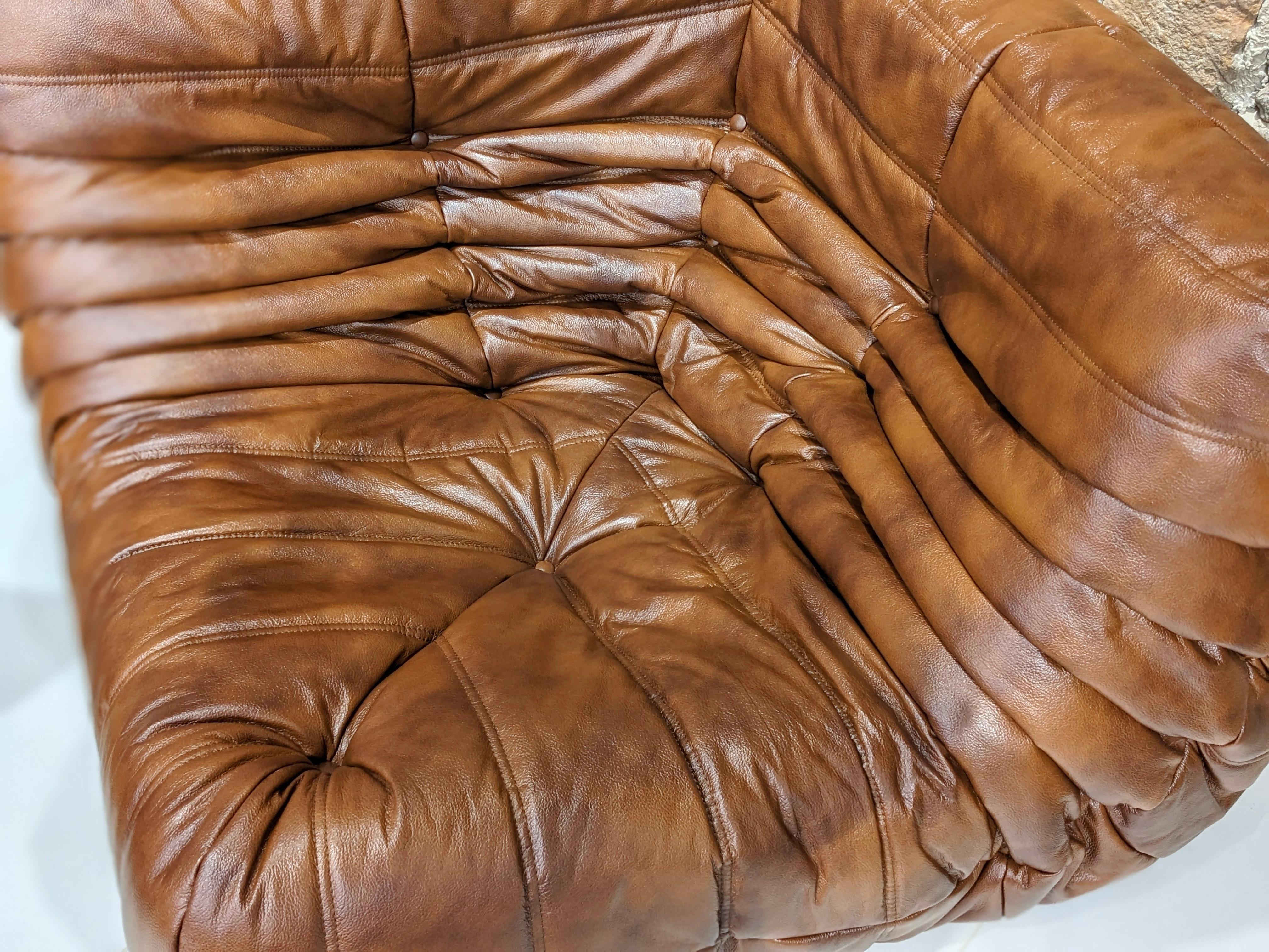 Contemporary Togo Set in Brown Leather by Michel Ducaroy for Ligne Roset For Sale