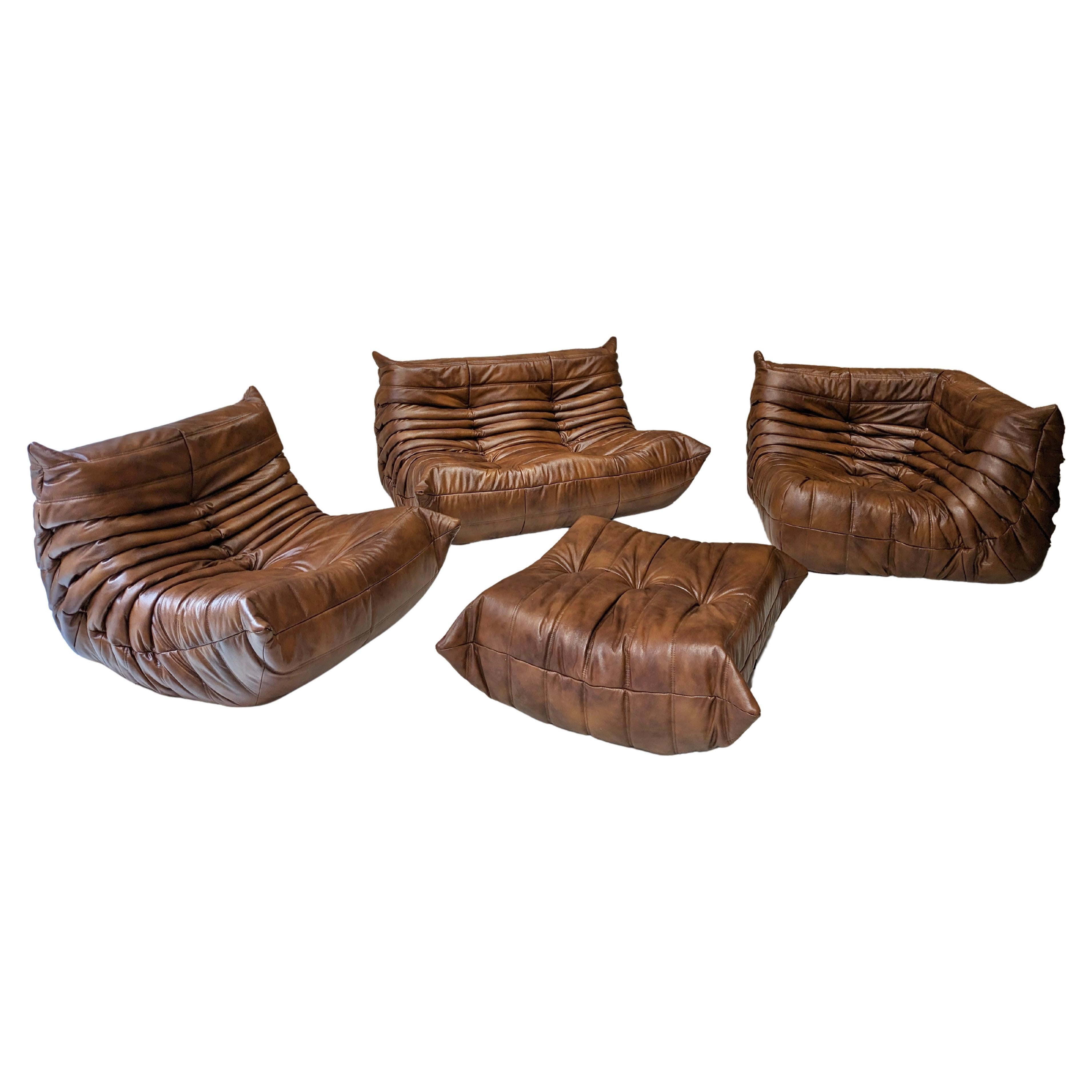 Togo Set in Brown Leather by Michel Ducaroy for Ligne Roset For Sale