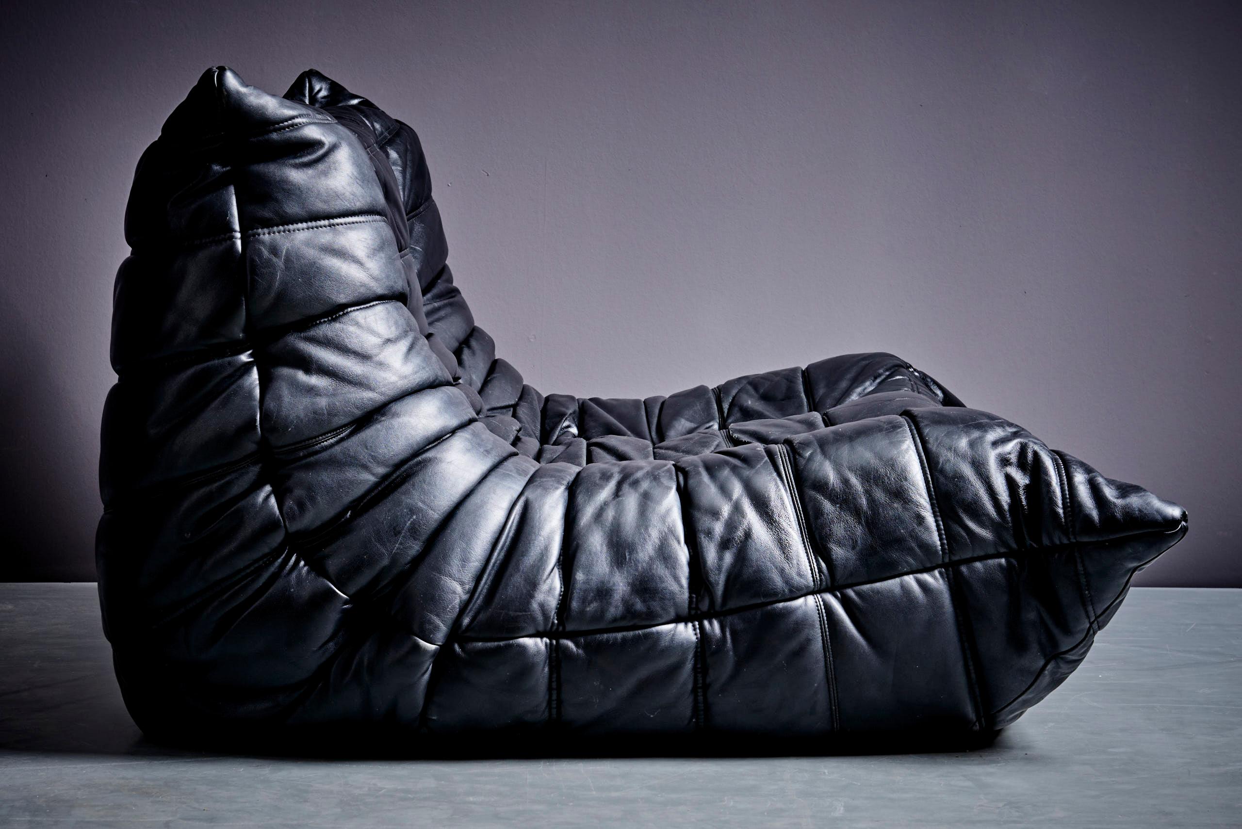 Late 20th Century Togo Set of 2-Seater and 3-Seater in black leather designed by Michel Ducaroy