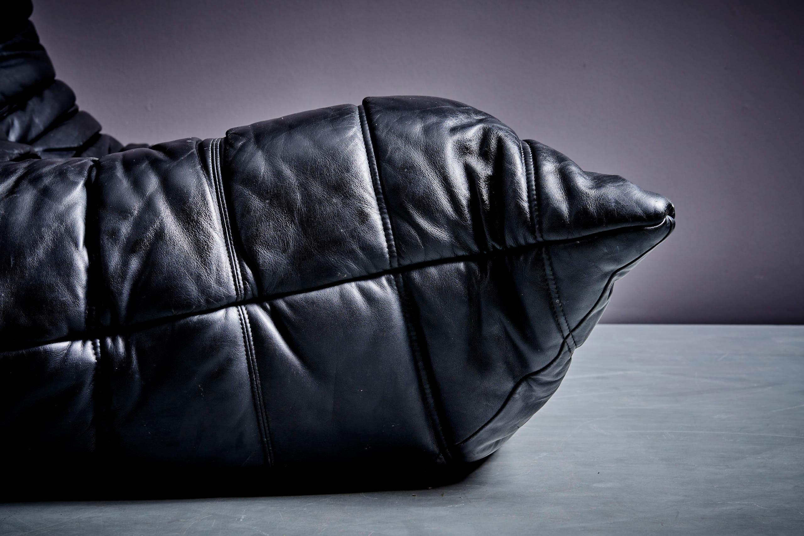 Leather Togo Set of 2-Seater and 3-Seater in black leather designed by Michel Ducaroy