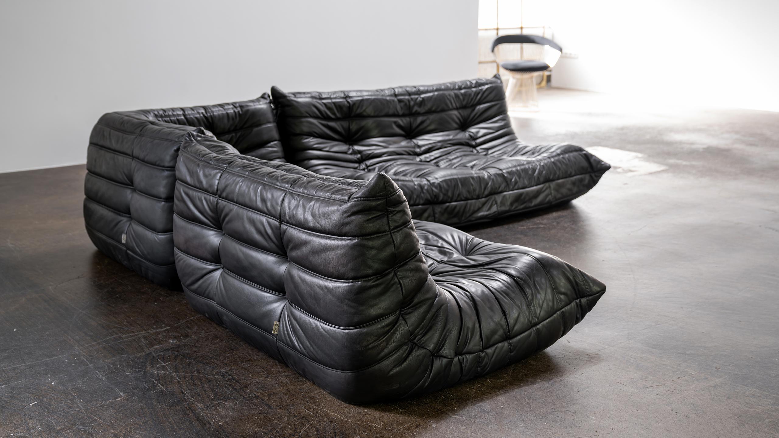 Togo Sofa Michel Ducaroy Ligne Roset Black Leather France Mid Century Modern For Sale 12