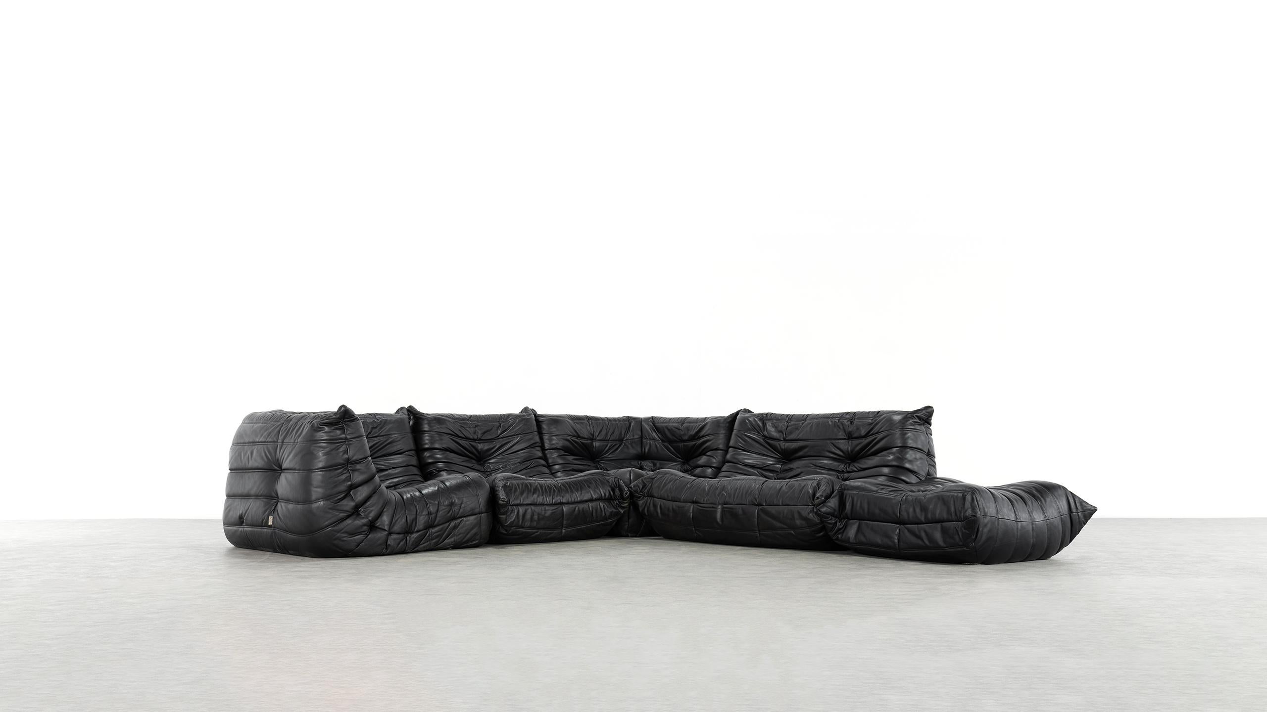 Mid-Century Modern Togo Sofa, 1974 by Michel Ducaroy + Ligne Roset, Giant Landscape, Black Leather