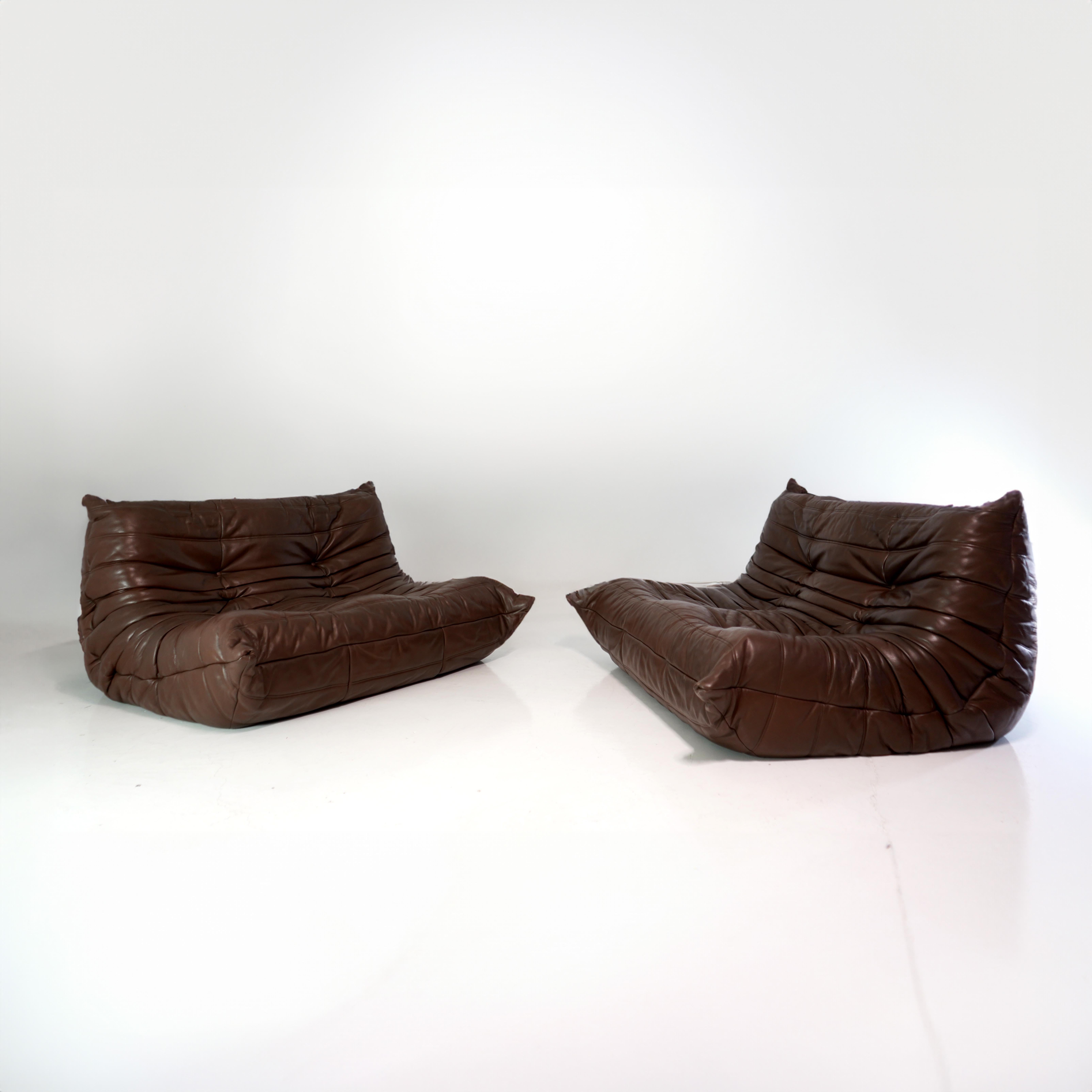 Togo vintage sofa in brown leather by Michel Ducaroy for Ligne Roset,  France 1973
