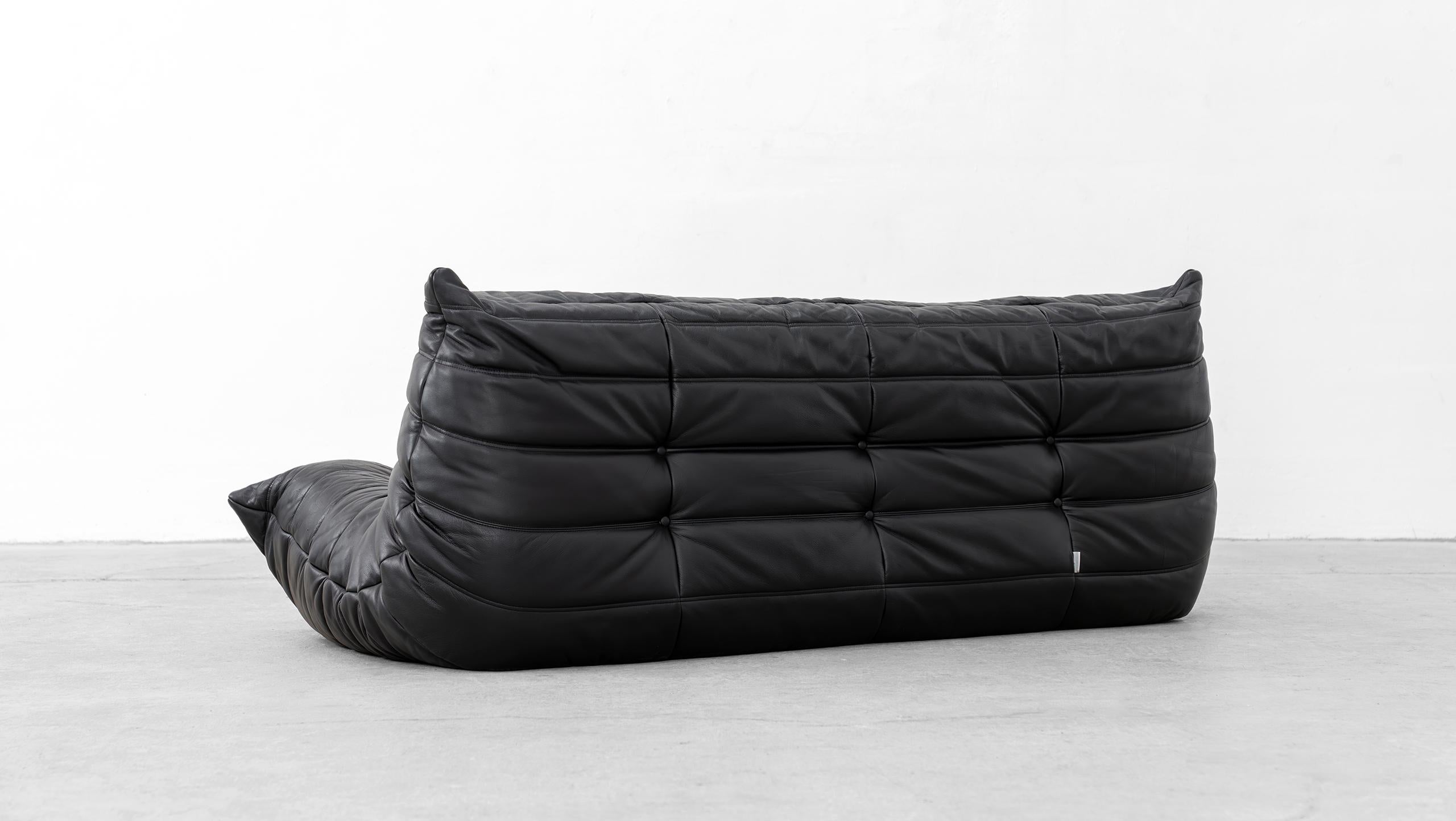 Togo  Sofa mit 3 Sitzern – Michel Ducaroy Ligne Roset, schwarzes Leder, hergestellt in Frankreich im Angebot 7