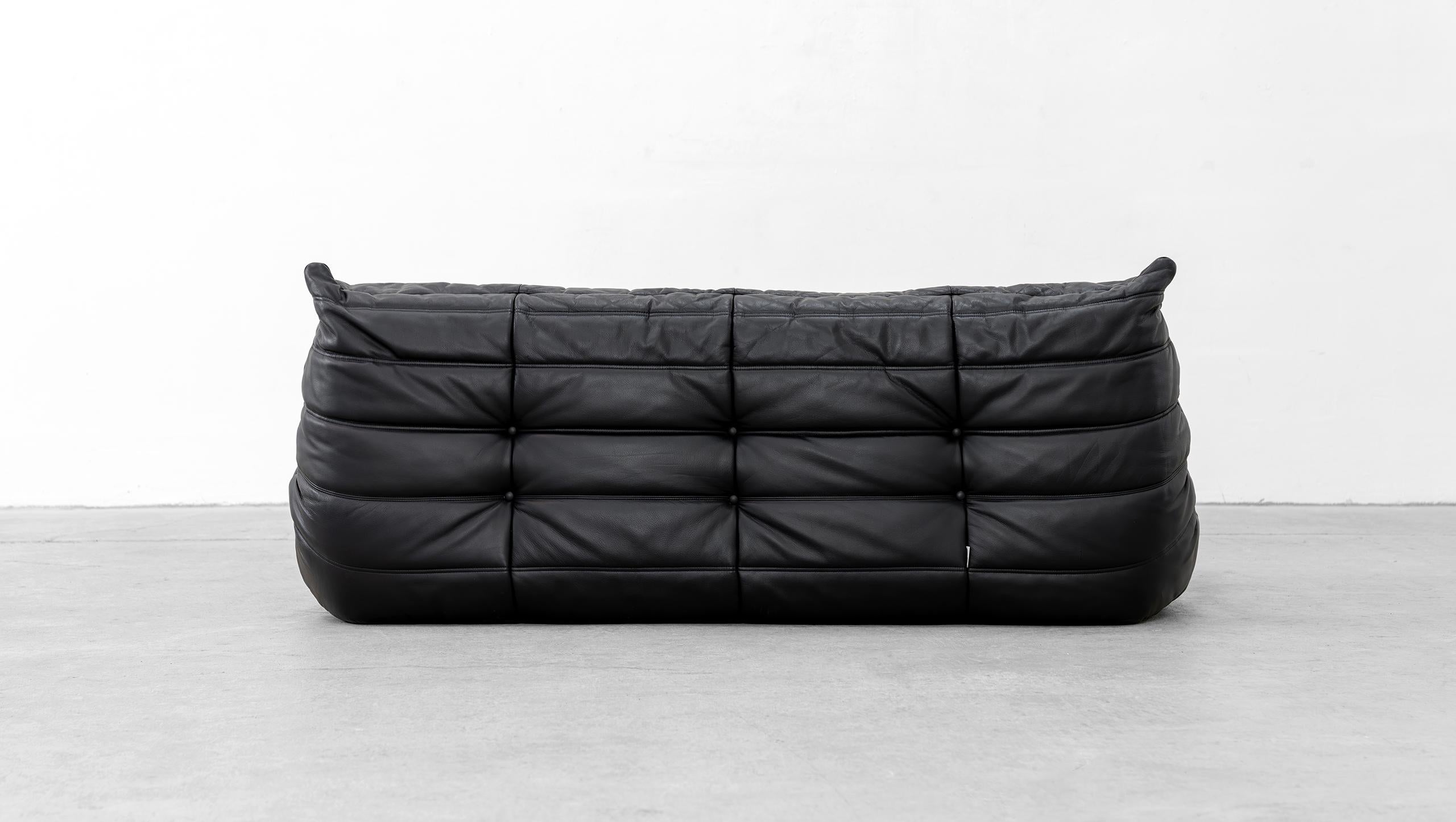 Togo  Sofa mit 3 Sitzern – Michel Ducaroy Ligne Roset, schwarzes Leder, hergestellt in Frankreich im Angebot 8