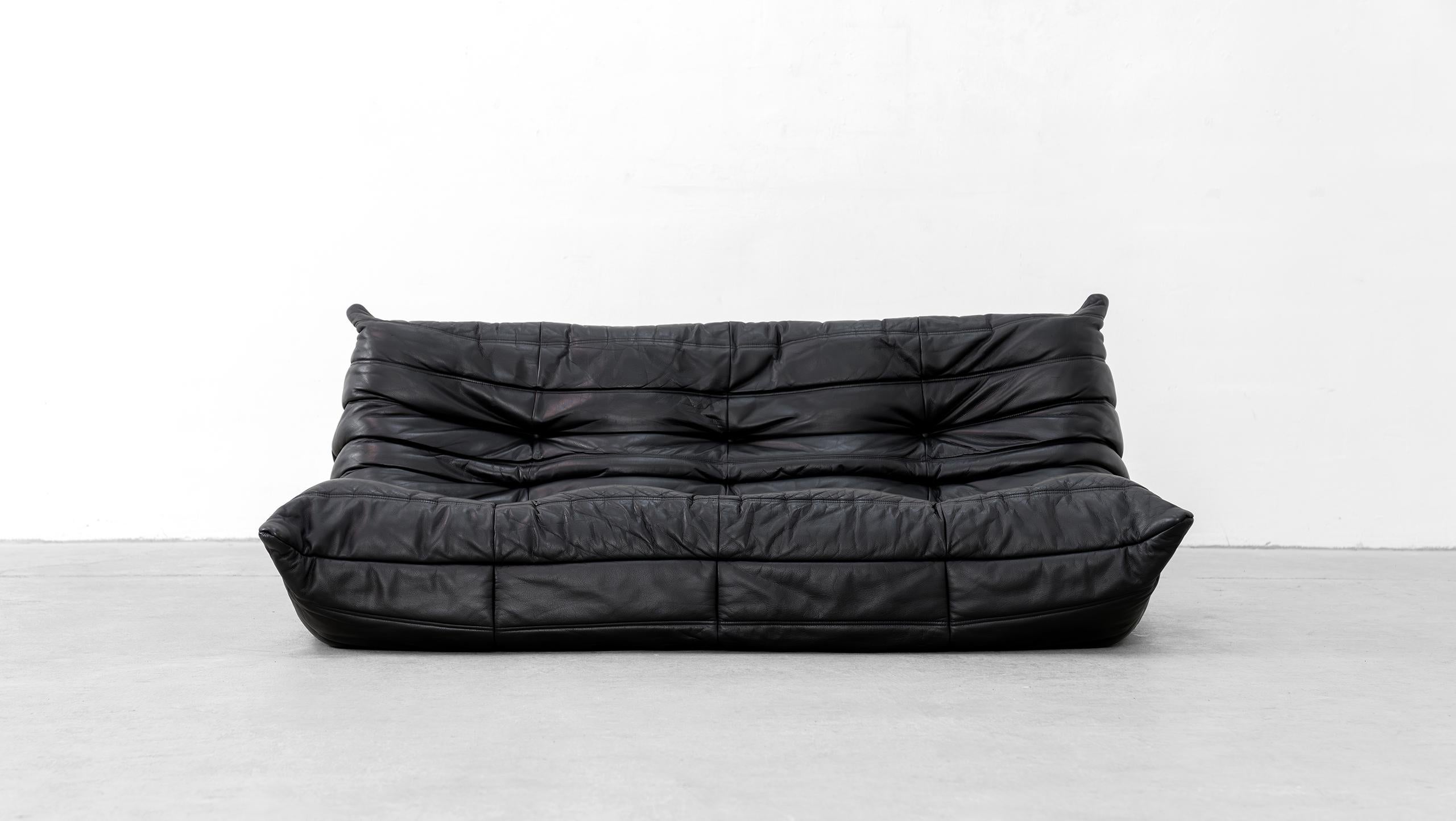 Togo  Sofa mit 3 Sitzern – Michel Ducaroy Ligne Roset, schwarzes Leder, hergestellt in Frankreich im Angebot 9