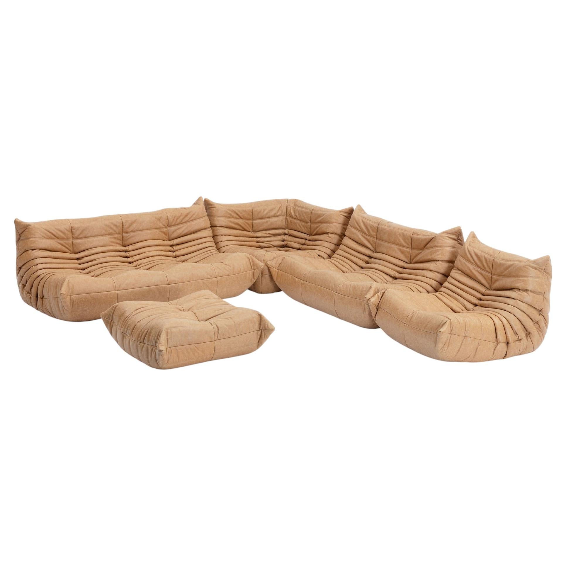 Divano Togo di Michel Ducaroy per Ligne Roset, personalizzato in pelle marrone chiaro in vendita