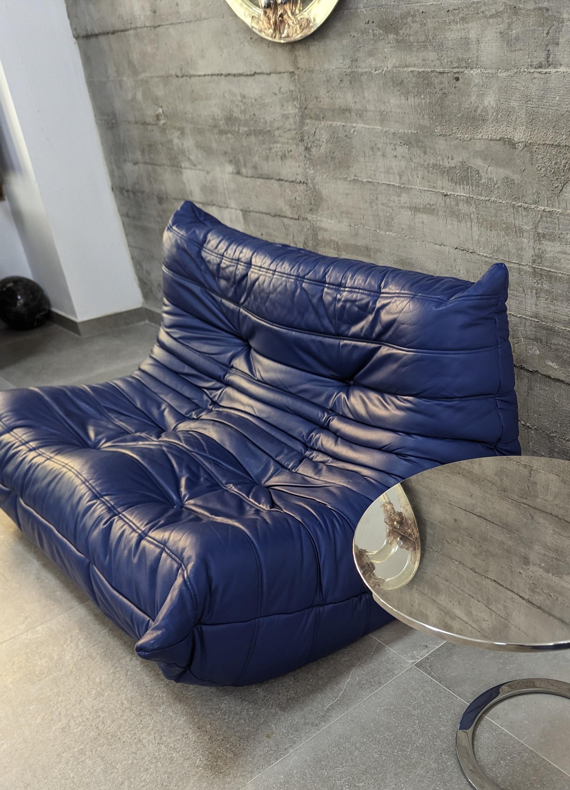 Divano Togo di Michel Ducaroy per Ligne Roset in pelle blu, Francia, Set di 5 in vendita 3