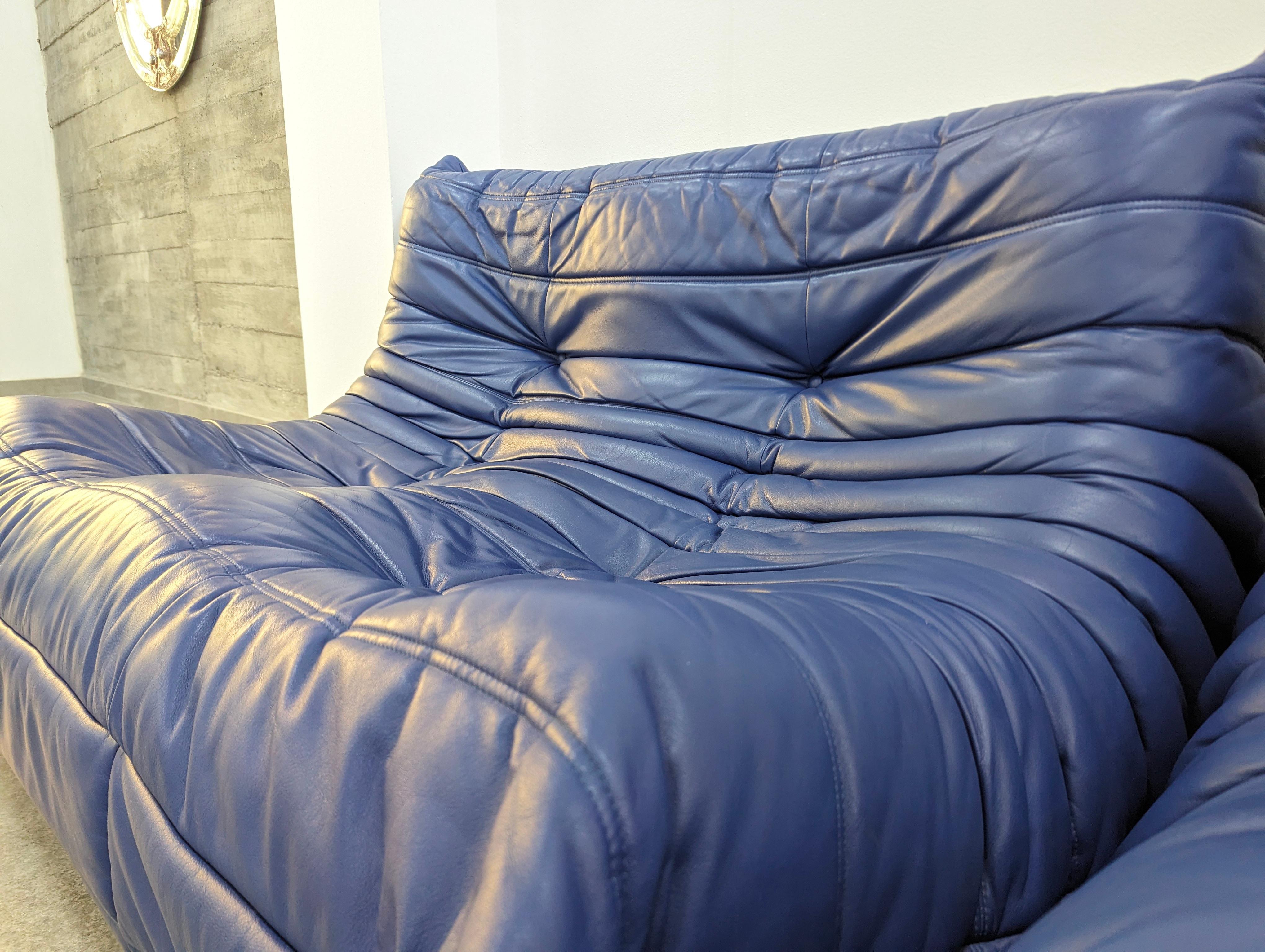 Mid-Century moderno Divano Togo di Michel Ducaroy per Ligne Roset in pelle blu, Francia, Set di 5 in vendita